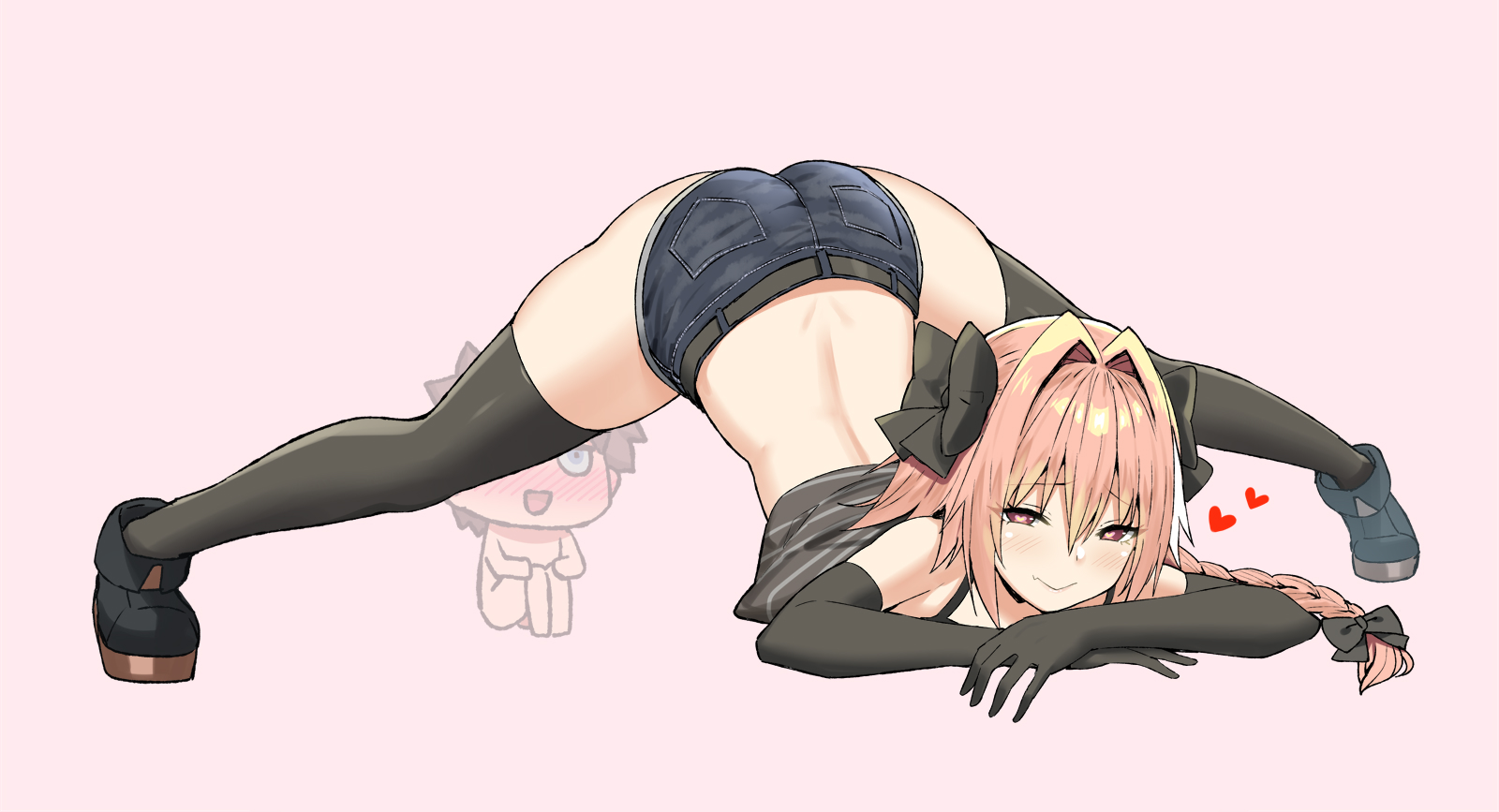 1boy, 2boys, arched back, ass, astolfo (fate), black legwear, canon crossdressing, crossdressing, crossdressing male, fate (series), fate/grand order, femboy, fujimaru ritsuka (male), girly, gudao, jack-o pose, jackochallenge, legwear, long hair, male, male only, meme, no homo, pink hair, sky (freedom), solo, solo male, straight, thighs