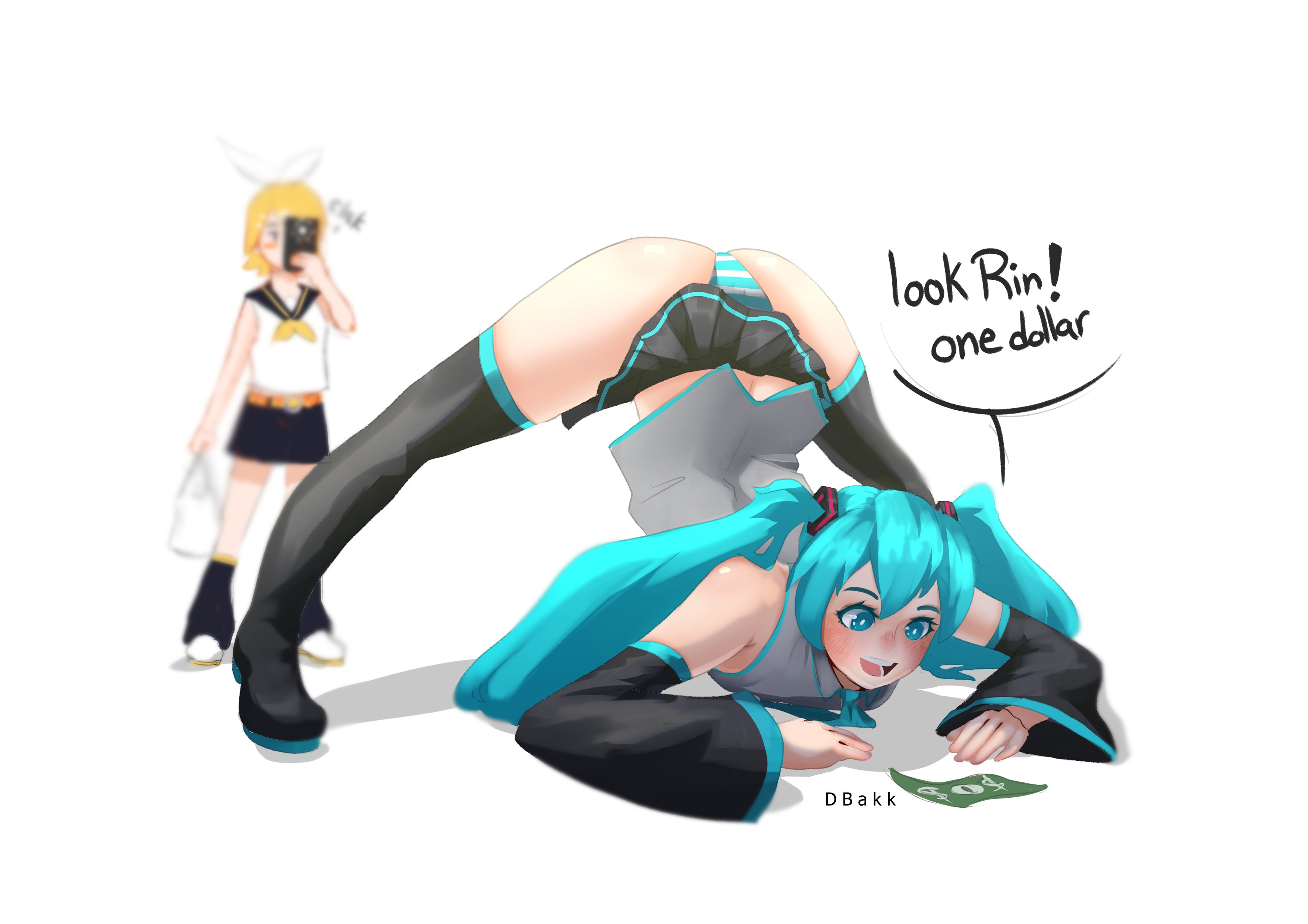 2girls, aqua eyes, aqua hair, aqua panties, ass, ass focus, ass up, black skirt, blonde hair, blue eyes, blue hair, blush, boots, camera, dbakk, detached sleeves, english text, face down, face down ass up, female, female pervert, full body, hair ornament, hands on ground, hatsune miku, holding, jack-o pose, jack-o' challenge, jackochallenge, kagamine rin, legs spread, long hair, meme, miniskirt, multiple females, multiple girls, open mouth, panties, pervert, phone, pleated skirt, shirt, short hair, skirt, sleeveless, smile, speech bubble, spread legs, striped, striped panties, tagme, taking photo, taking picture, text, text bubble, thigh boots, thighhighs, top-down bottom-up, twintails, underwear, vocaloid, white background, wide spread legs, yuri