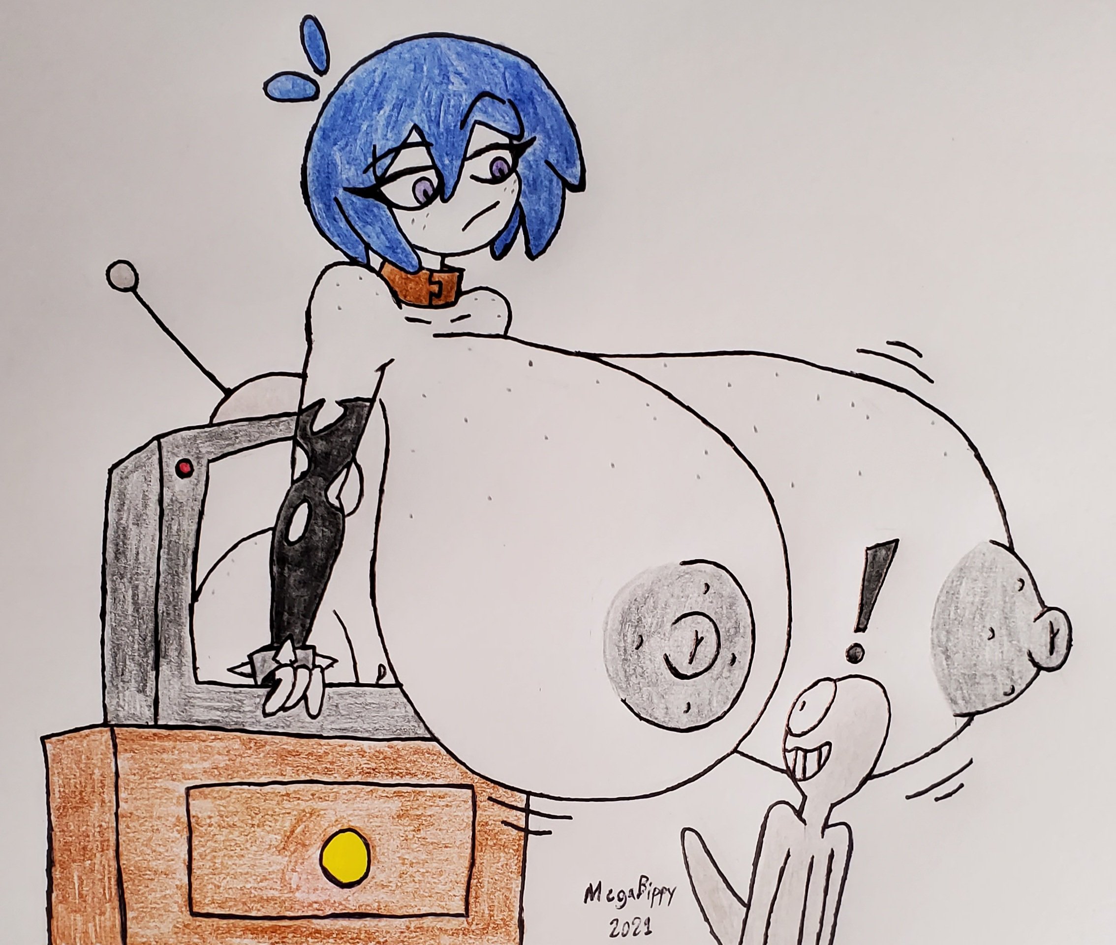 1boy, 1girls, 2021, big nipples, black areola, black armwear, black nipples, blue hair, boner, breasts, breasts out, collar, female, goth, highres, hourglass figure, huge breasts, hyper breasts, large areolae, male, megabippy, nipples, nude, nude female, original character, purple eyes, pussy, short hair, television, tiddy (megabippy), toon, toony