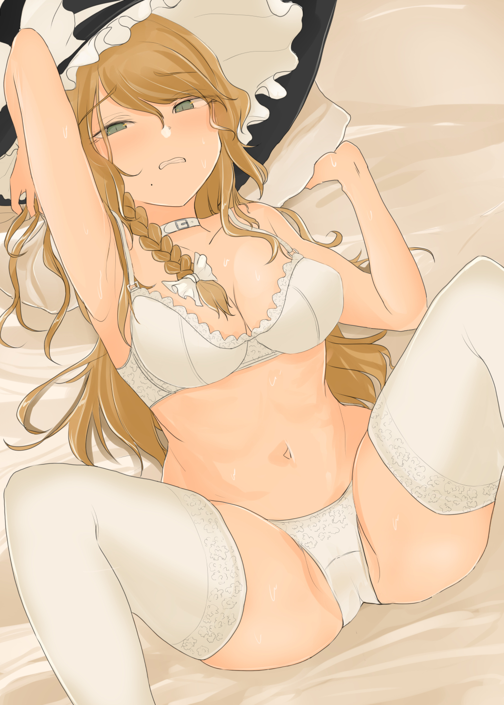 1girls, big breasts, blonde hair, breasts, female, hair ornament, human, lingerie, marisa kirisame, solo, spread legs, thighhighs, touhou, witch, witch hat