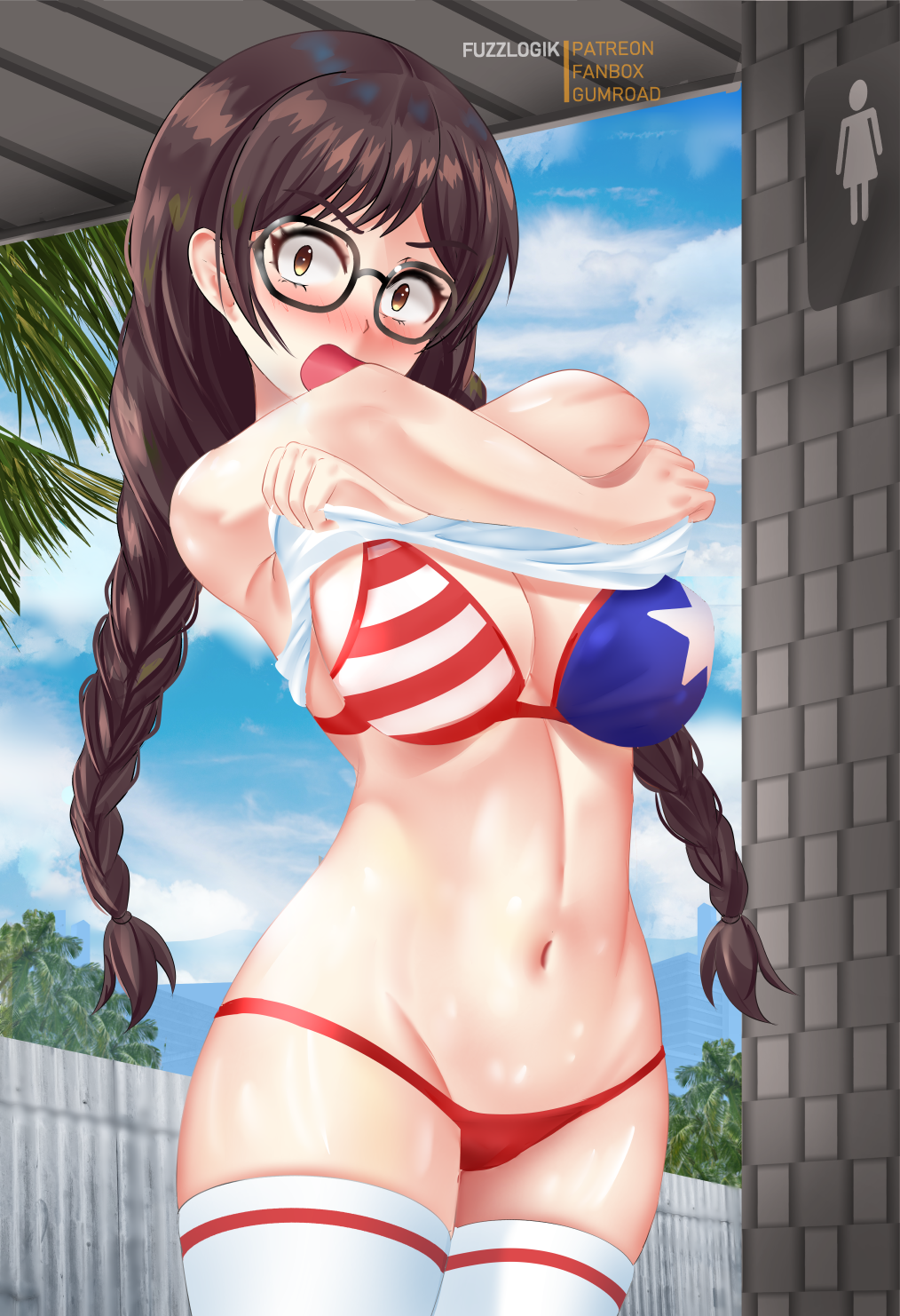 areolae big_breasts bikini blush braids breasts brown_hair caught embarrassed exposed_breasts female fuzzlogik glasses highres kanojo_okarishimasu legwear long_hair looking_at_viewer mizuhara_chizuru navel open_mouth orange_eyes peeping screaming small_pupils solo_female stockings swimsuit swimwear thick_thighs thighs toilet top_lift topwear undressing usa_bikini wide_hips