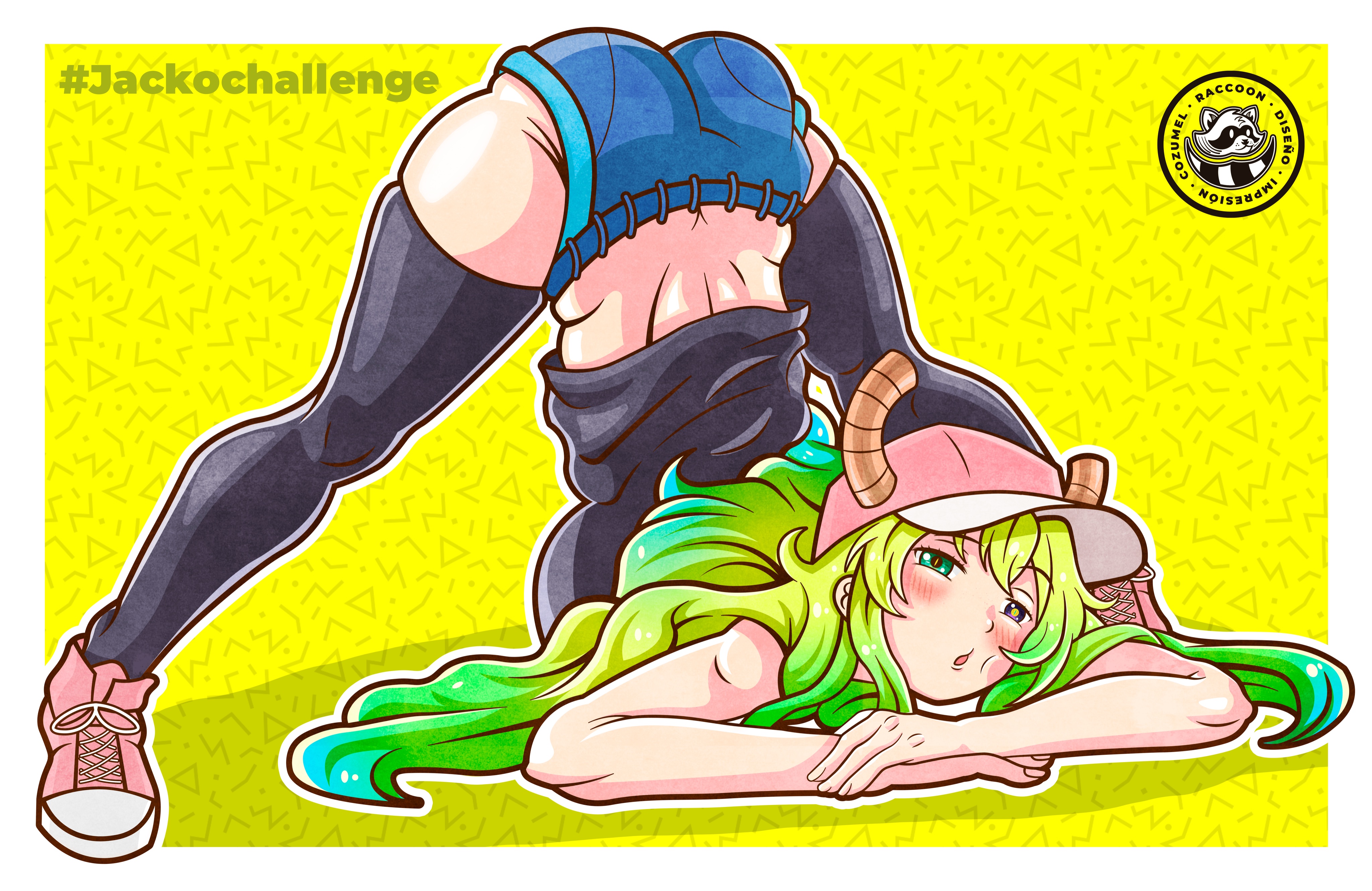1girls, artist name, ass, ass focus, ass up, big ass, big breasts, big butt, black eyes, blonde hair, breasts, clothed, face down, face down ass up, female, green eyes, heterochromia, jack-o pose, jackochallenge, legs spread, long hair, miss kobayashi's dragon maid, quetzalcoatl (dragon maid), shoes, sneakers, three-tone hair