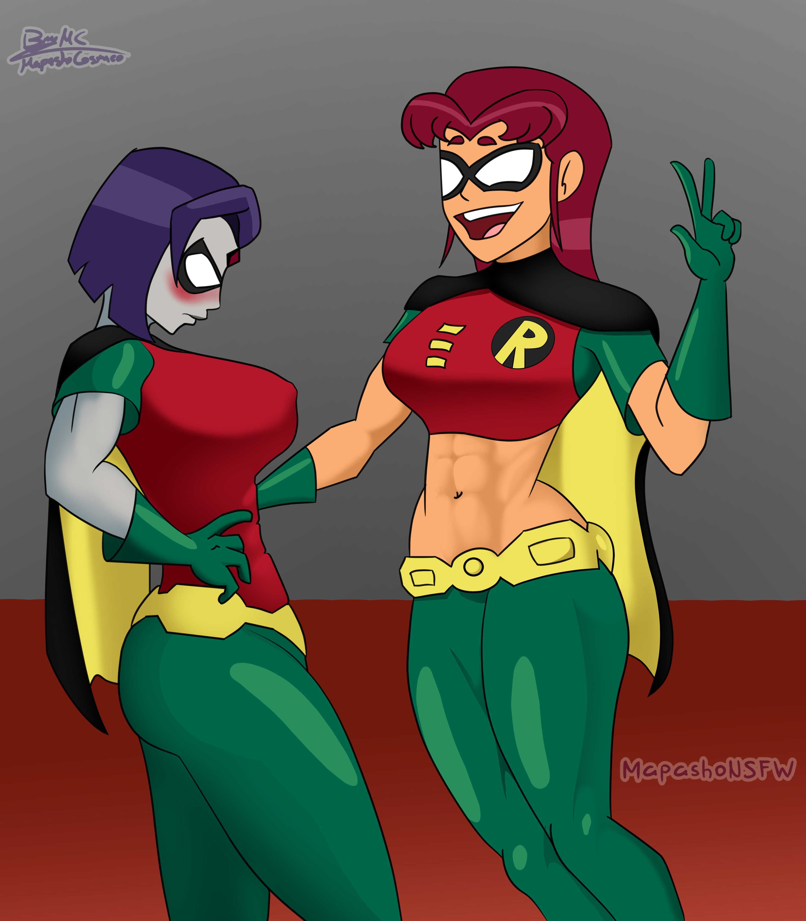 2girls, abs, ass, belly button, belt, big ass, big breasts, breasts, cape, cartoon network, cosplay, dc, dc comics, female, female only, gloves, goth, legs, long hair, mapashonsfw, mask, multiple females, multiple girls, muscles, muscular, muscular female, orange hair, purple hair, rachel roth, raven (dc), red hair, robin (dc), robin (dc) (cosplay), short hair, smooth skin, starfire, teen titans, thick thighs, thighs, tight clothing, white body, white skin