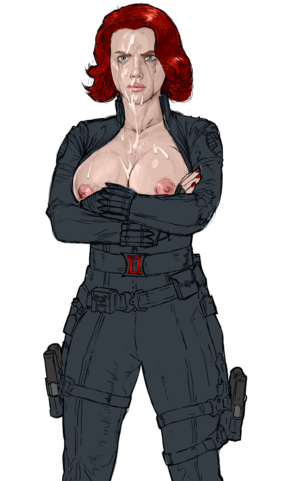 1girls, after deepthroat, after oral, angry, angry face, areola, areolae, big breasts, black widow (marvel), breasts, breasts out, clothed female, clothing, color, colored, crossed arms, crying, cum, cum in cleavage, cum on breasts, cum on face, cum on forehead, cum trail, cumdrip, disney, edit, female, female only, human, human only, hyperactivepear, justsomenoob, light skin, light-skinned female, lips, looking at viewer, marvel, marvel cinematic universe, marvel comics, mascara, natasha romanoff, nipples, oral, perky breasts, red hair, runny makeup, runny mascara, s.h.i.e.l.d., scarlett johansson, short hair, sketch, solo, solo female, standing, tears, thigh holster, unzipped, unzipped bodysuit, white background