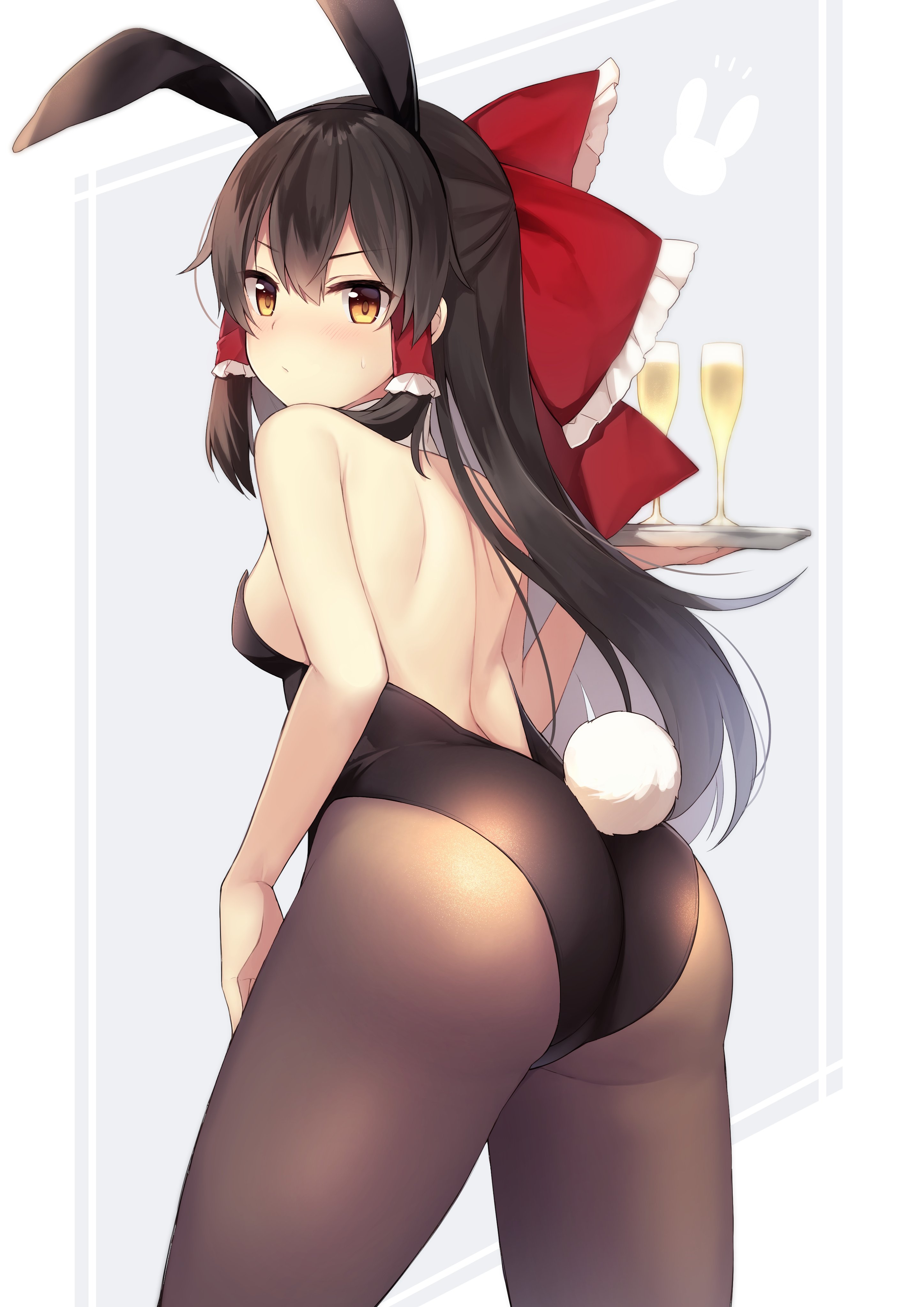 1girls, ass, black hair, breasts, bunny ears, bunny tail, bunnysuit, female, female focus, female only, franruhika, holding, holding object, holding tray, looking at viewer, medium hair, orange eyes, reimu hakurei, sideboob, solo, touhou, white skin, wine, wine glass