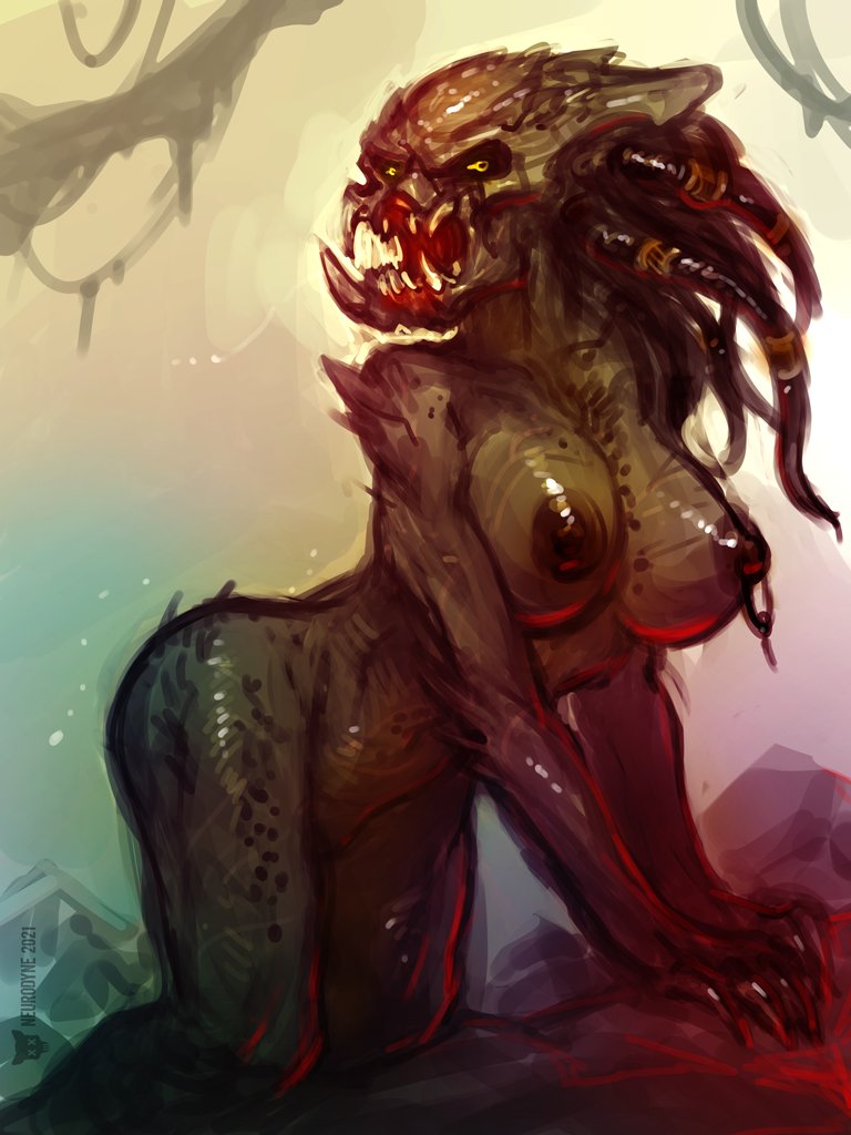 1girls, 2d, alien, alien girl, ass, big ass, big breasts, big nipples, breasts, busty, female, female only, female yautja, green skin, monster, monster girl, neurodyne, nipples, predator (franchise), sharp teeth, solo, solo female, thick thighs, yautja, yellow sclera
