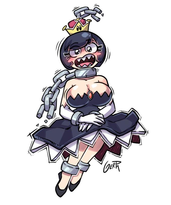 1girls, black dress, black hair, breasts, chain chomp, chompette, fangs, female, gerph, horny, mario (series), new super mario bros. u deluxe, nintendo, super crown, thick thighs, white background