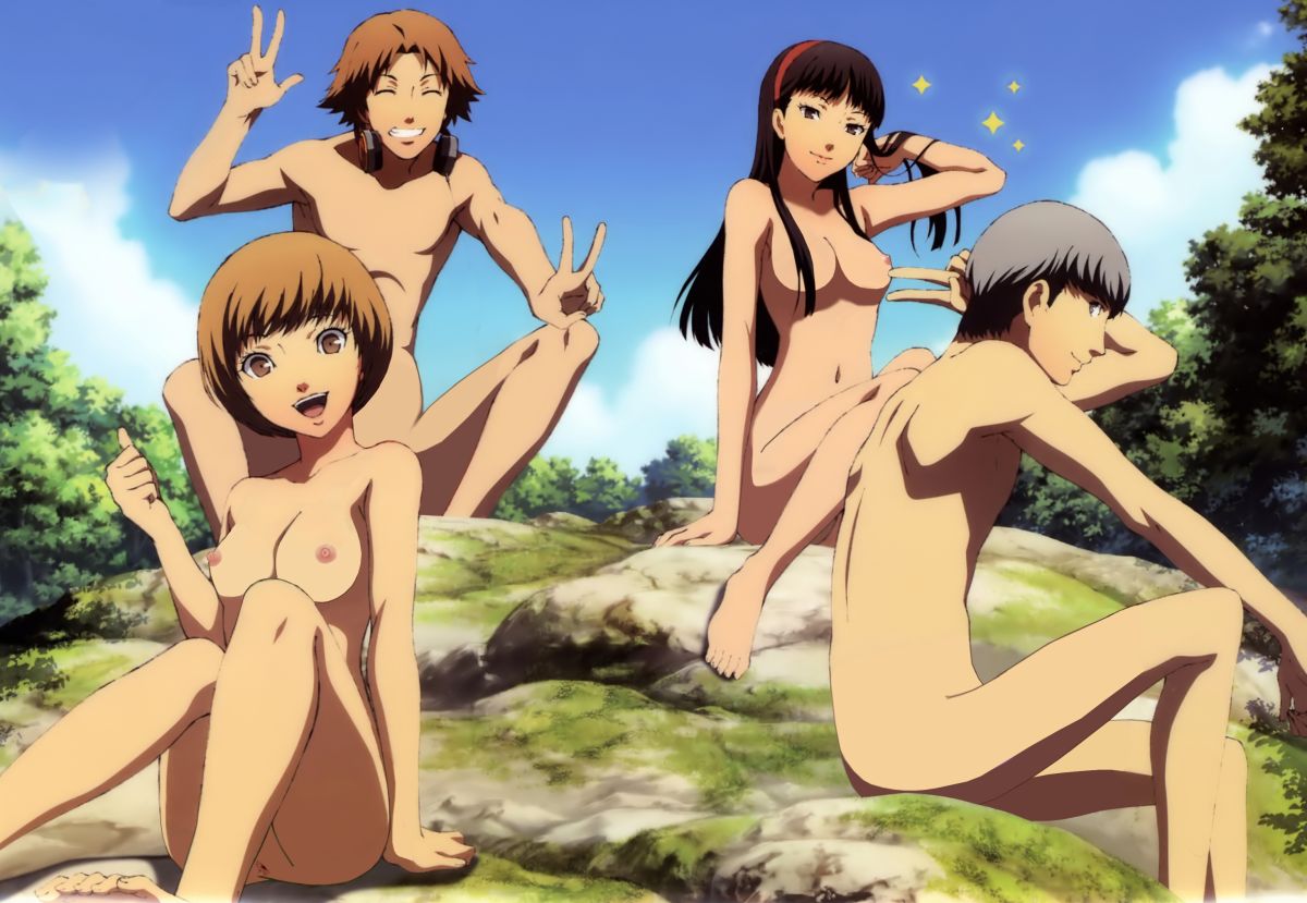 2boys 2girls amagi_yukiko anonymous_artist anus ass atlus barefoot black_hair brown_eyes brown_hair casual closed_eyes edit feet female grey_eyes grey_hair group hanamura_yousuke headband headset human investigation_team male medium_hair naked narukami_yu nipples nude nude_filter outdoors outside persona persona_4 satonaka_chie short_hair sitting toes unknown_artist white_skin