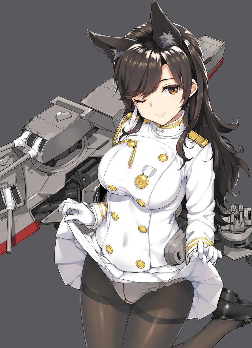 animal_ears atago_(azur_lane) azur_lane bangs black_hair black_legwear blush breasts brown_eyes closed_mouth clothes_pull cosplay extra_ears female female gloves gusset large_breasts long_hair looking_at_viewer machinery military military_uniform miniskirt mole mole_under_eye one_eye_closed panties_under_pantyhose pantsu pantyhose pleated_skirt ribbon skirt skirt_lift skirt_pull smile solo swept_bangs tagme takao_(azur_lane) takao_(azur_lane)_(cosplay) takayaki thighband_pantyhose turret underwear uniform white_gloves white_panties white_ribbon white_underwear