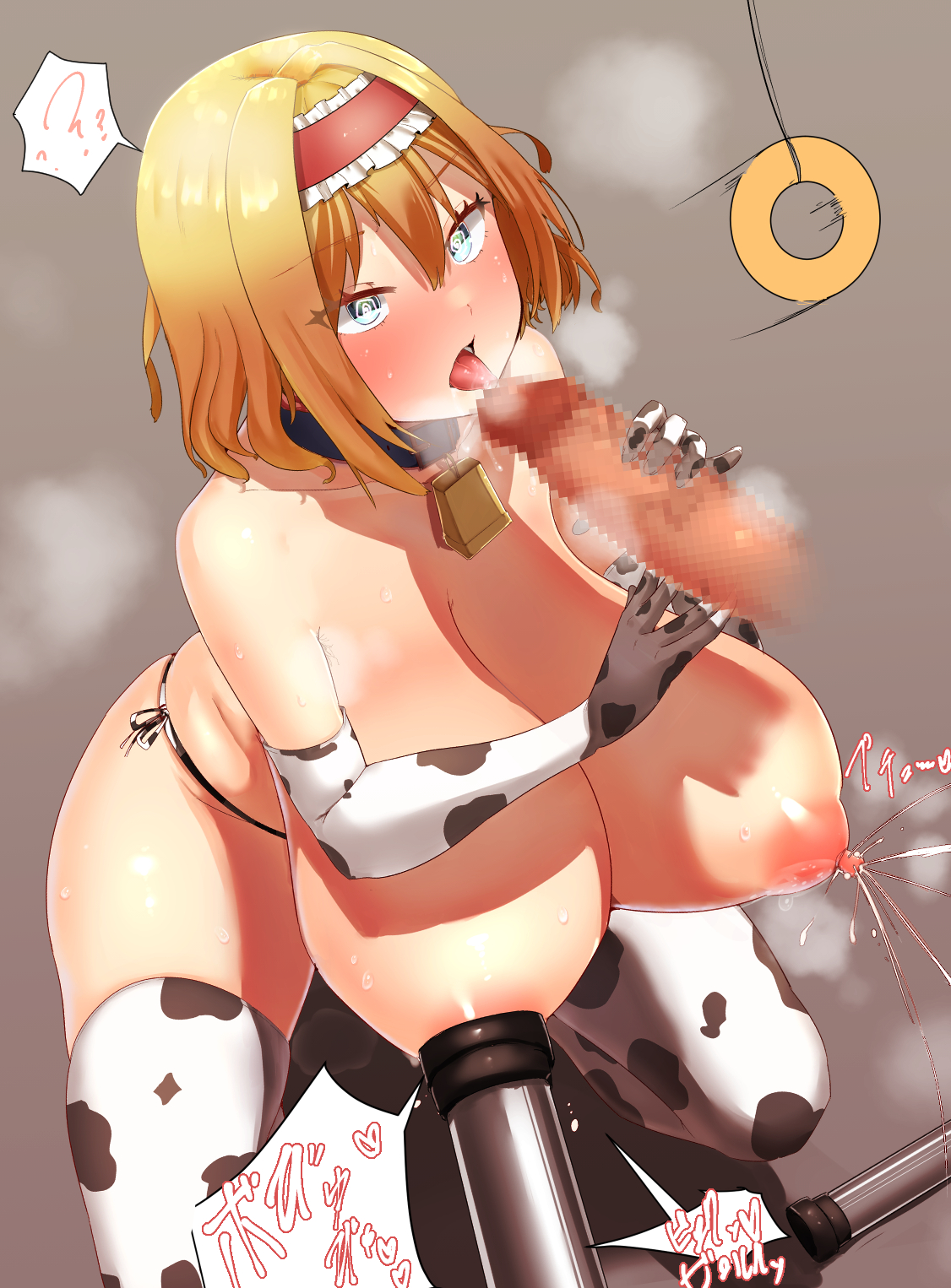 1boy, 1girls, alice margatroid, big breasts, blonde hair, blue eyes, blush, breasts, cow print, cow print armwear, cow print thighhighs, fellatio, female, female focus, huge breasts, hypnosis, large breasts, licking, licking penis, male, medium hair, milking, milking machine, mind break, mind control, penis, rape, short hair, touhou