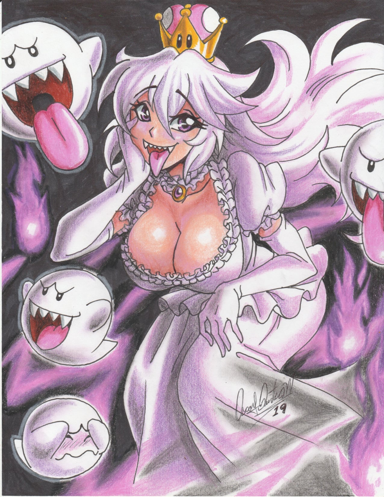 1girls, 2019, big breasts, boo (mario), boosette, breasts, cleavage, clothing, female, female focus, ghost, ghost girl, huge breasts, large breasts, long hair, luigi's mansion, mario (series), new super mario bros. u deluxe, nintendo, open mouth, pencil (artwork), ravern clouk, sharp teeth, smile, super crown, tagme, tongue, tongue out, white hair