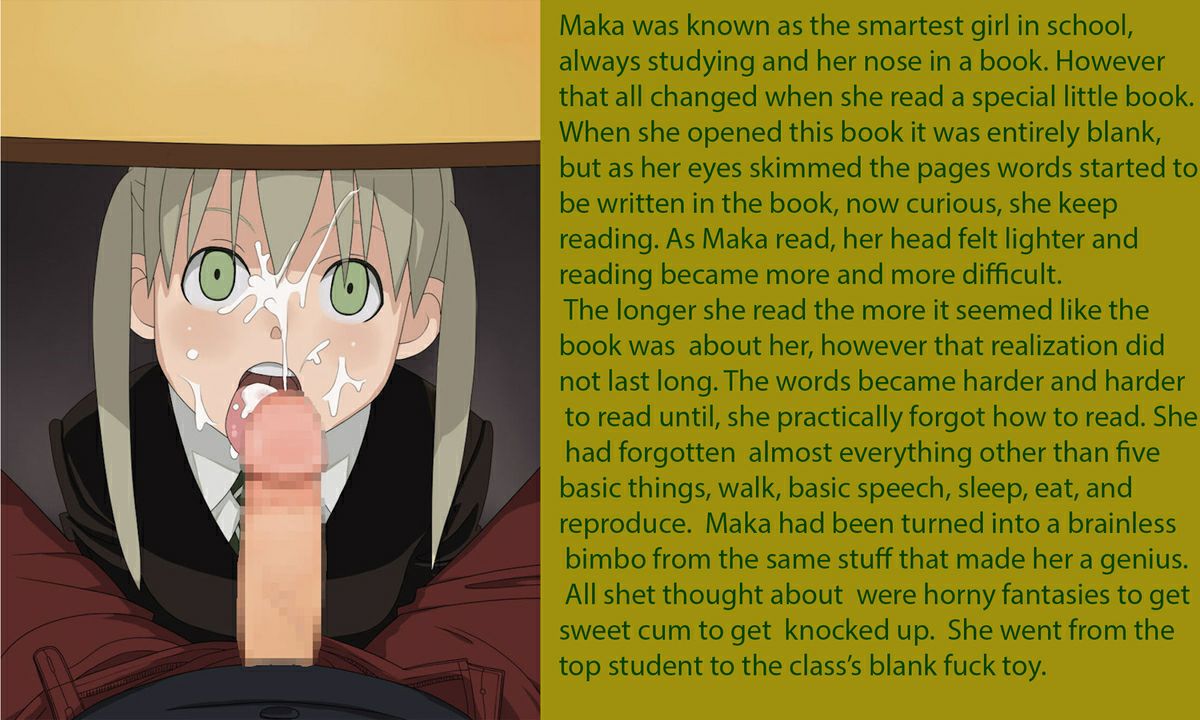 blonde hair, blowjob, braids, brain drain, brainwashed, brainwashing, caption, censored, cum, cum on face, cumming, cute face, ejaculation, erection, female, green eyes, maka albarn, male, mosaic censoring, open mouth, penis, pixelated penis, soul eater, soul eater evans, text, tongue, tongue out