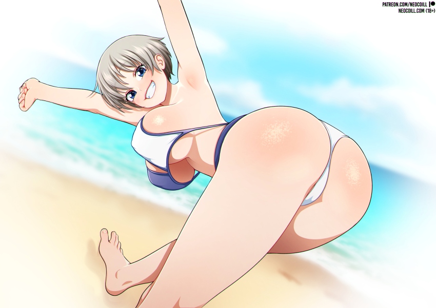 1girls, beach, big breasts, bikini, blue eyes, breasts, female, grey hair, huge breasts, looking at viewer, neocoill, ocean, pov, pov eye contact, silver hair, smile, swimsuit, uzaki hana, uzaki-chan wa asobitai!