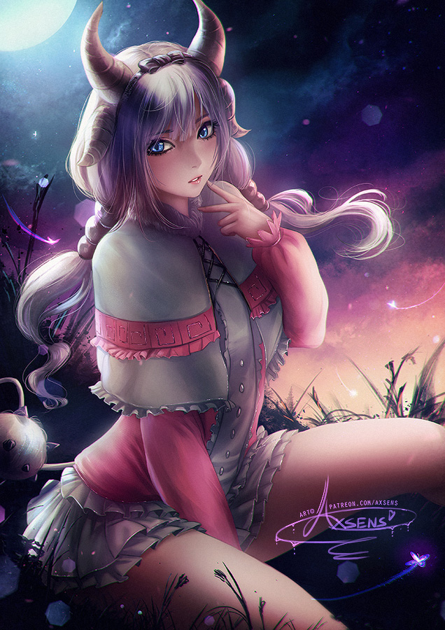 1girls, adult, aged up, axsens, blue eyes, dragon girl, dress, female, horns, kanna kamui, miss kobayashi's dragon maid, pink hair, purple hair, short dress, tail, thick thighs, thighs, twintails, white hair