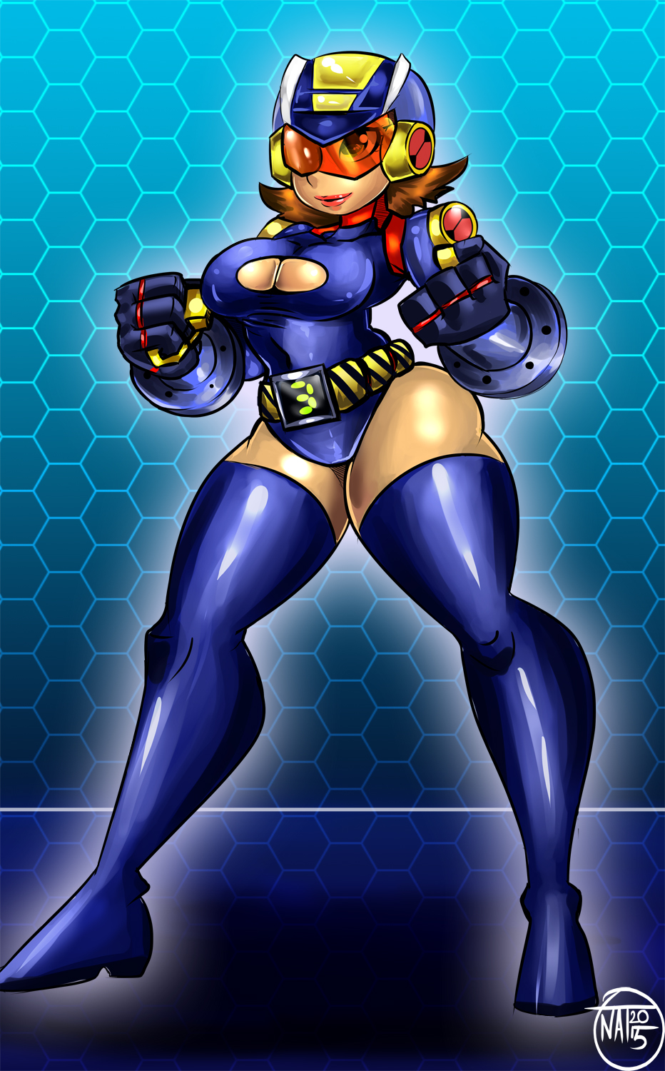 genderswap_(mtf) helmet huge_ass huge_breasts mega_man mega_man_battle_network megaman.exe mtf_transformation onatart post_transformation rule_63 thick_thighs thigh_boots transformation