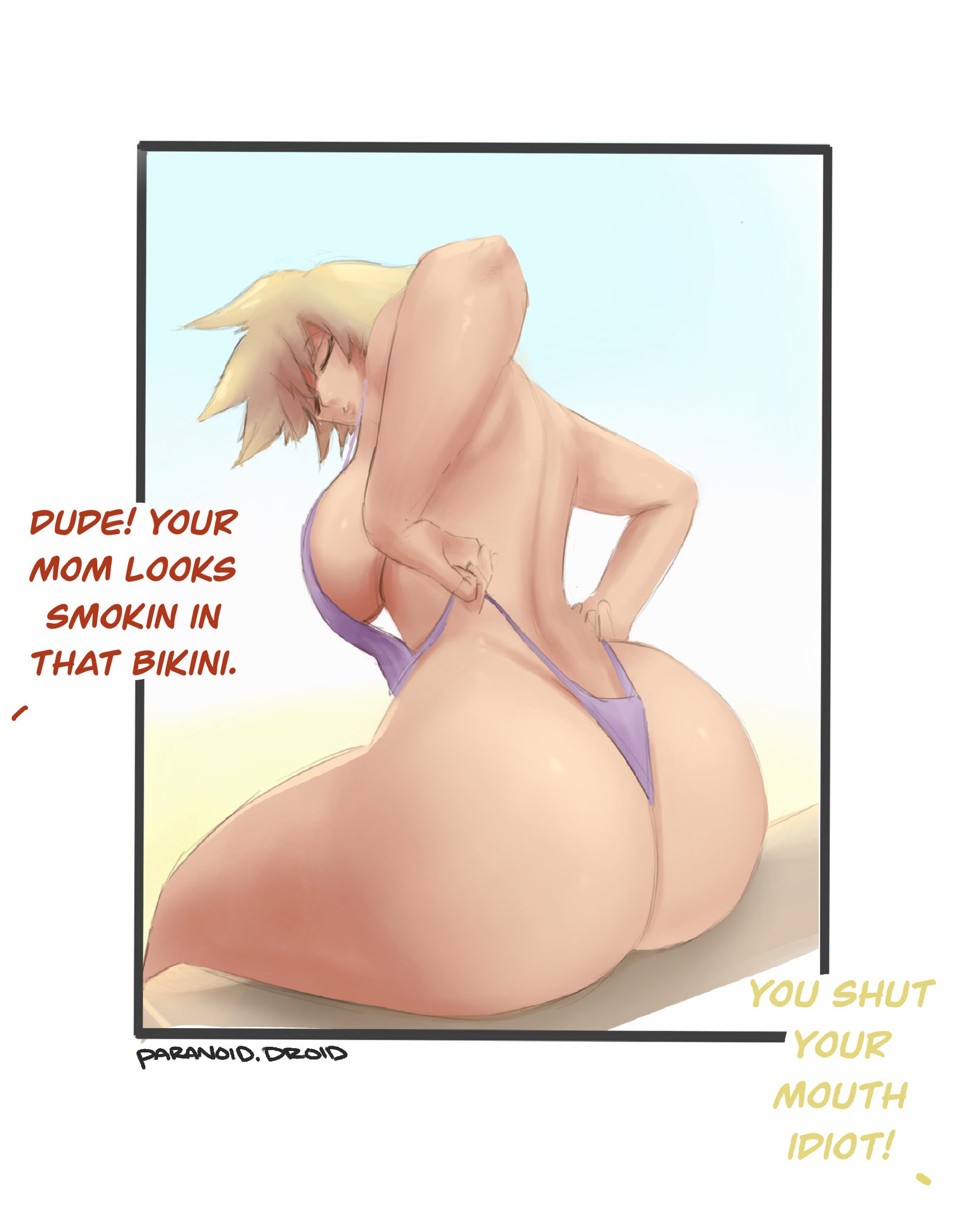1girls, about to burst, ass, ass focus, ass too big, barely contained, barely contained ass, barely contained breasts, barely fits, big ass, big breasts, blonde hair, breasts, closed eyes, dialogue, english text, female, female focus, female only, huge ass, huge breasts, imminent wardrobe malfunction, inconvenient ass, inconvenient butt, light skin, light-skinned female, mature, mature female, milf, mitsuki bakugou, my hero academia, paranoiddroid, purple swimsuit, purple swimwear, sitting, solo, solo female, solo focus, straight, swimsuit, swimsuit pull, swimwear, swimwear pull, text, thick thighs, thighs, tight bikini, tight fit, tight swimsuit, tight swimwear, too tight, undersized clothes, undersized clothing
