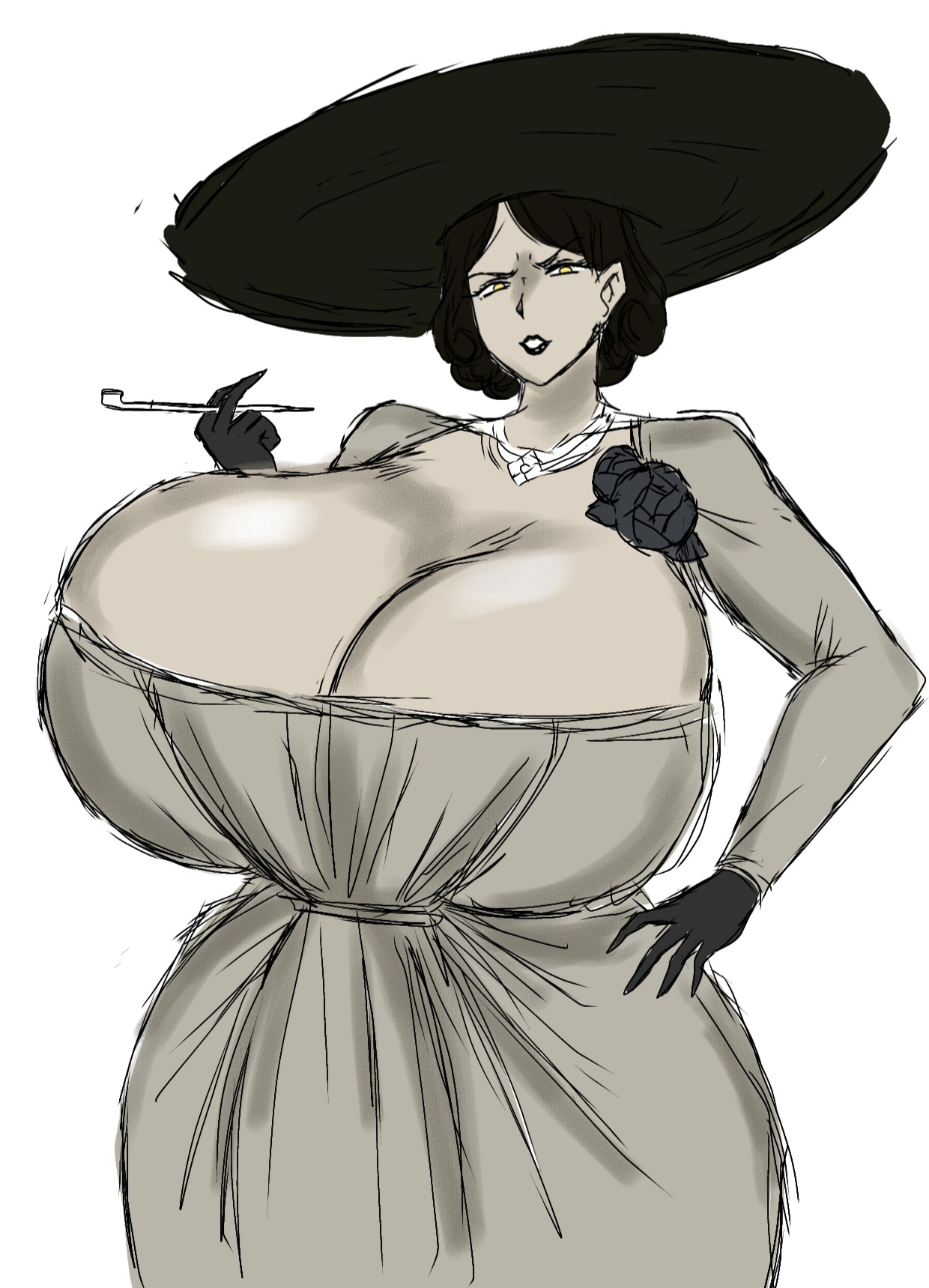 1girls, alcina dimitrescu, big breasts, black hair, breasts, capcom, curvy, female, female only, hat, huge breasts, mature female, milf, momiji (artist), mother, resident evil, resident evil 8: village, solo, solo female, thick thighs, white background, white dress, yellow eyes