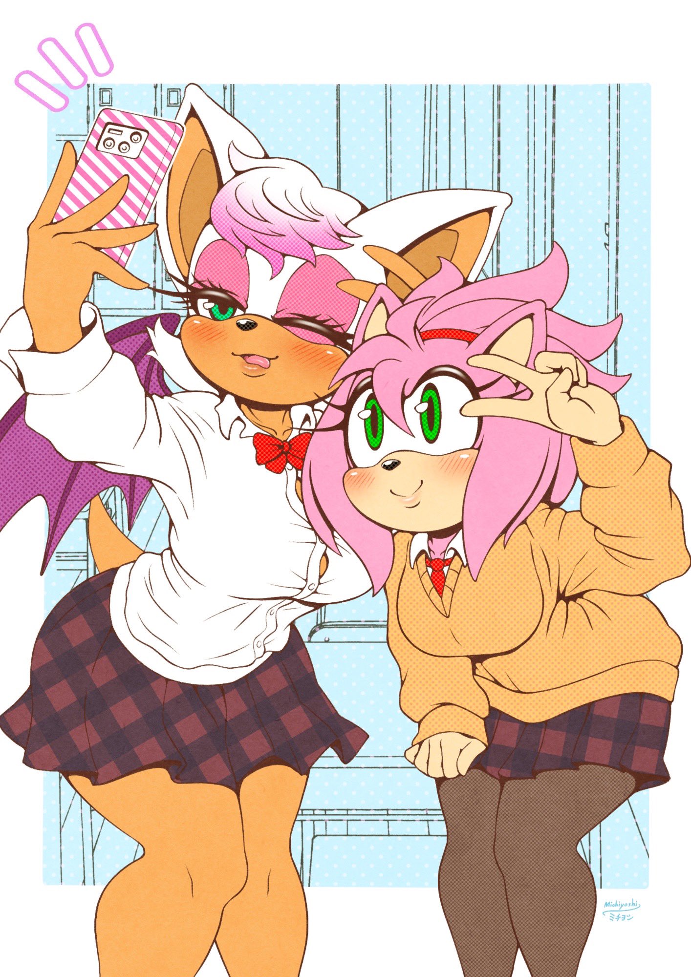 2girls, amy rose, bat wings, big breasts, blush, breasts, clothed, clothing, female, female only, fur, furry, furry only, hi res, michiyoshi, one eye closed, rouge the bat, school uniform, schoolgirl, selfie, sonic (series), tail, tongue, tongue out, v, wink