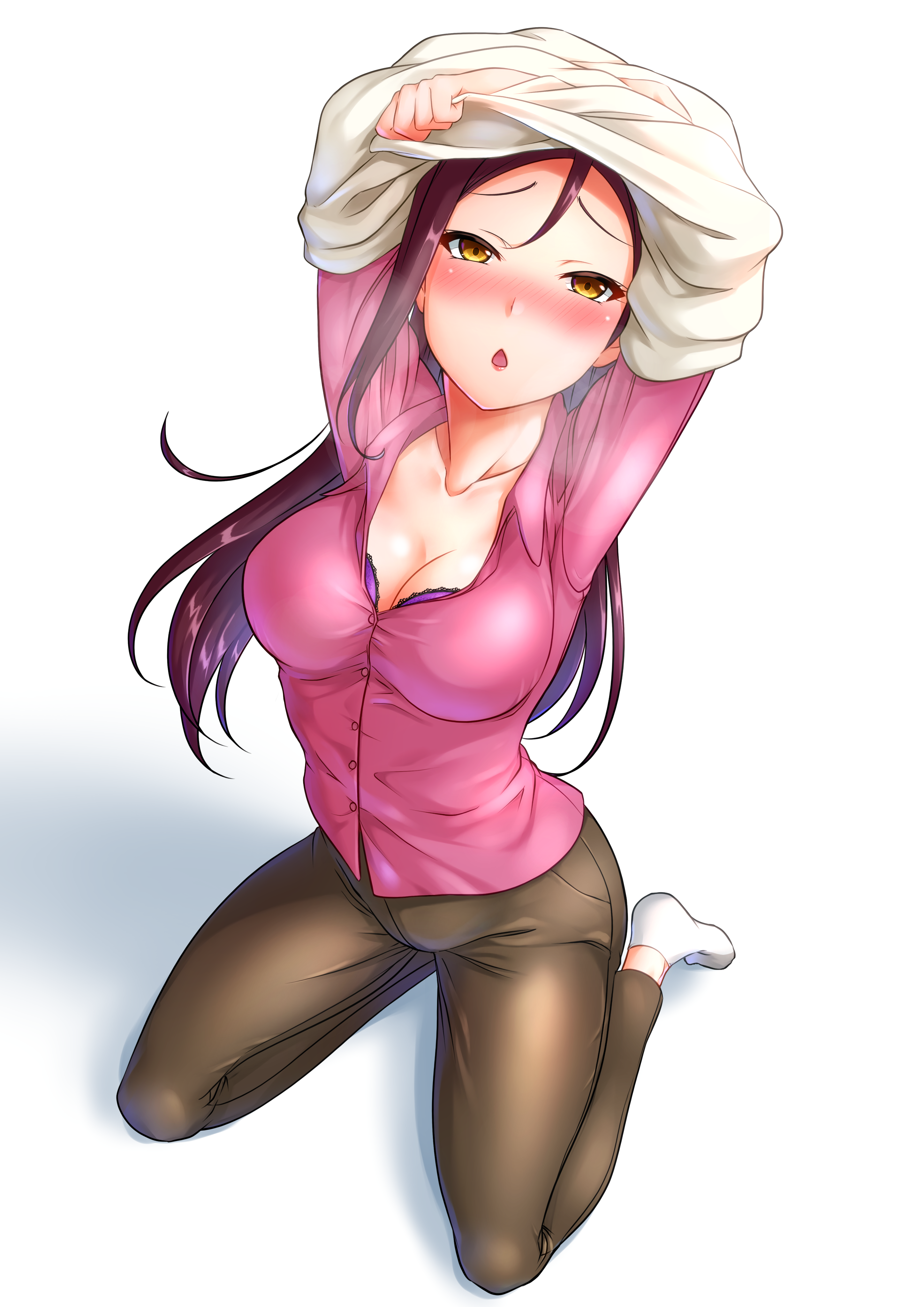 1girls, 2021, blush, bra, breasts, chishio (onoderayui), cleavage, clothed, clothed female, clothing, collarbone, female, female focus, female only, looking at viewer, love live!, love live! sunshine!!, mama live!, mature, mature female, milf, mother, open mouth, pants, purple bra, purple shirt, sakurauchi riko's mother, seiza, shirt, simple background, socks, solo, solo female, solo focus, steamy breath, undressing, white background, yellow eyes