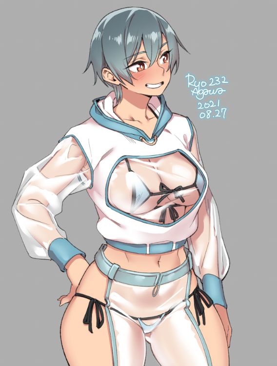 1girls, big breasts, breasts, cleavage, female, female only, large breasts, ryo agawa, solo, swimsuit, tomboy, transparent clothing, very short hair