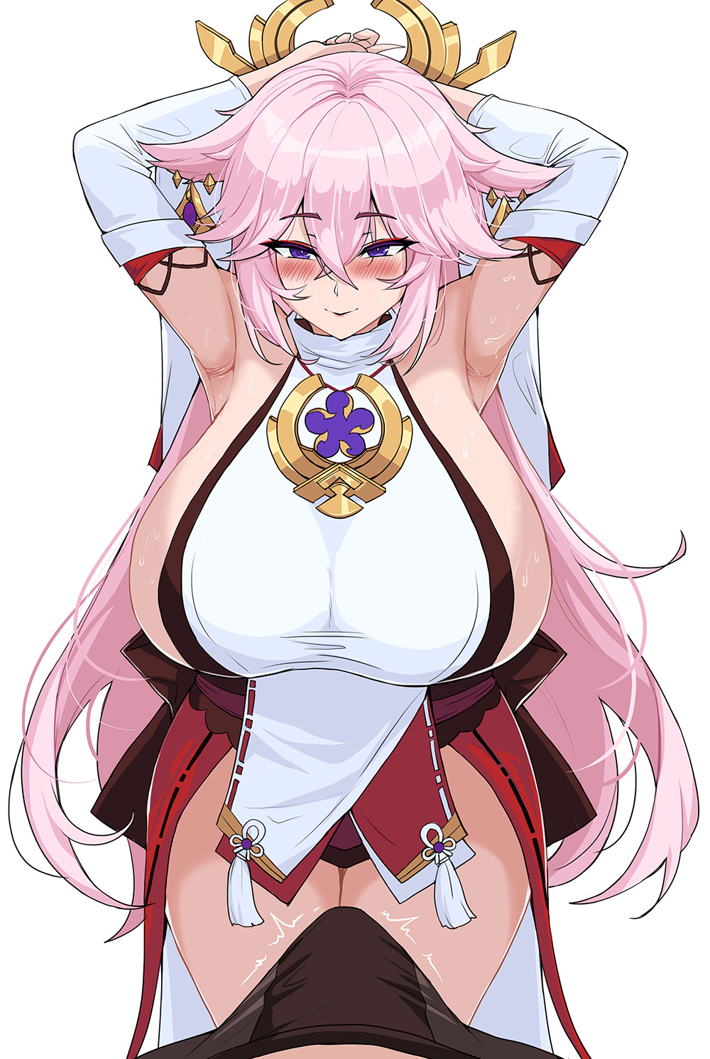1boy, 1girls, aether (genshin impact), age difference, animal ears, armpits, blush, breasts, bulge, detached sleeves, drogod (artist), earrings, erection, erection under clothes, excited, female, fox ears, genshin impact, hair ornament, hands, hands behind head, heat, large breasts, long hair, male, pants, pink hair, sexy armpits, sideboob, sweat, sweaty armpits, yae miko