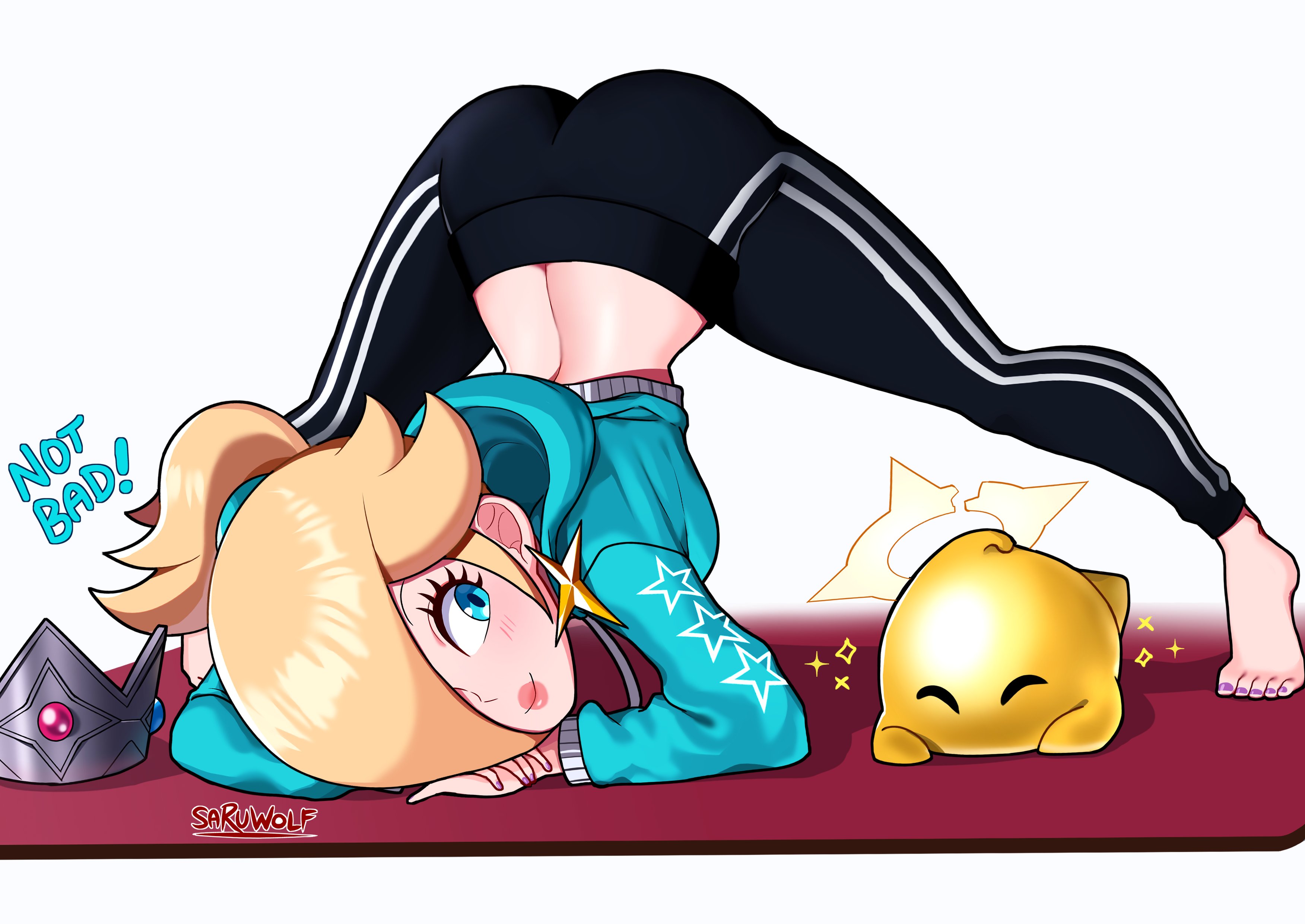 1girls, ass, barefoot, bimbo, blonde hair, blue eyes, blush, cute, female, hair over one eye, jack-o pose, luma, mario (series), nintendo, ponytail, princess rosalina, sarukaiwolf, smile, super mario galaxy, wholesome