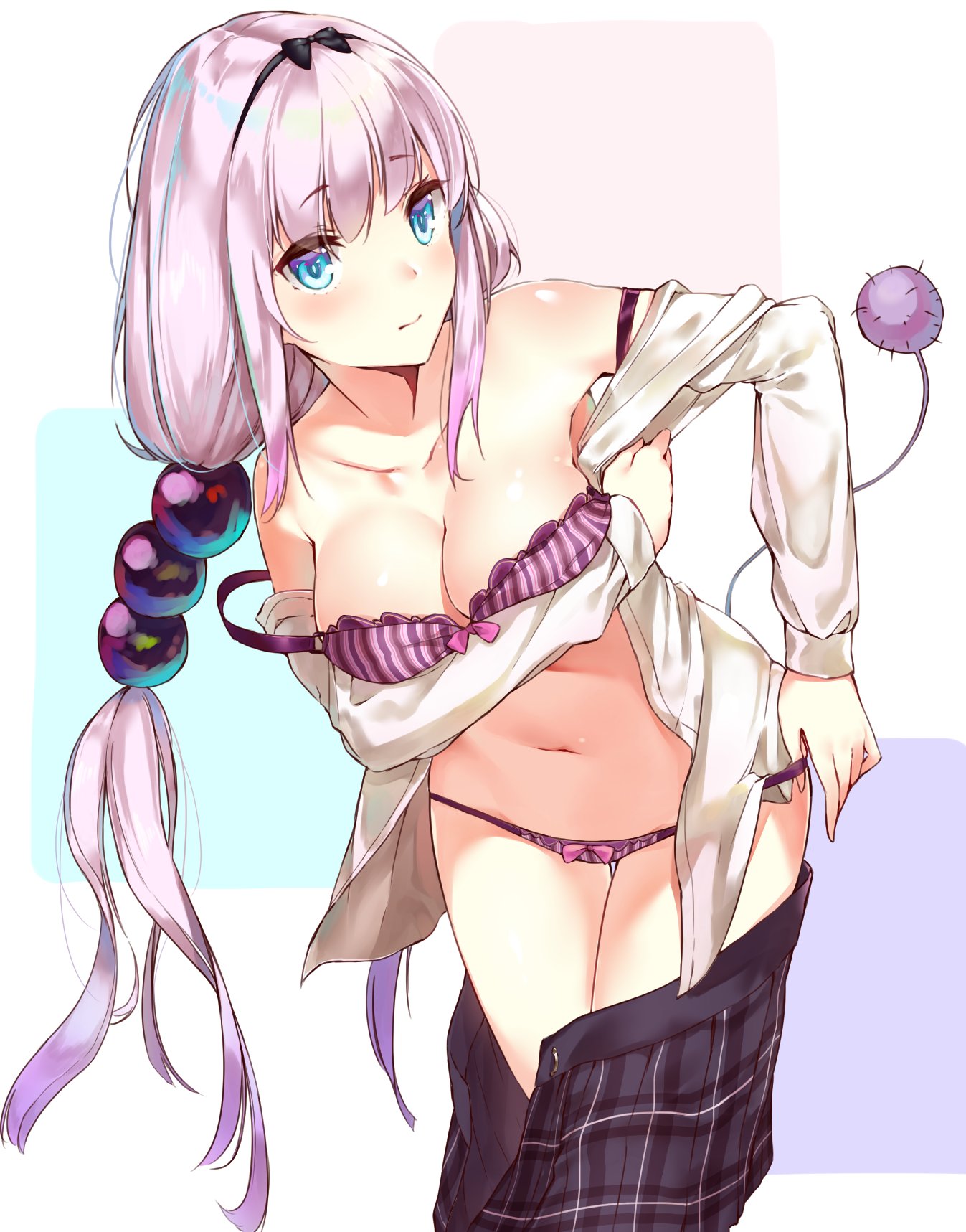 1girls, adult, aged up, big breasts, blue eyes, blush, bra, breasts, cirnotv, dragon girl, dragon tail, female, kanna kamui, miss kobayashi's dragon maid, office lady, panties, pink hair, purple hair, ribbon panties, tail, thighs, undressing, white hair