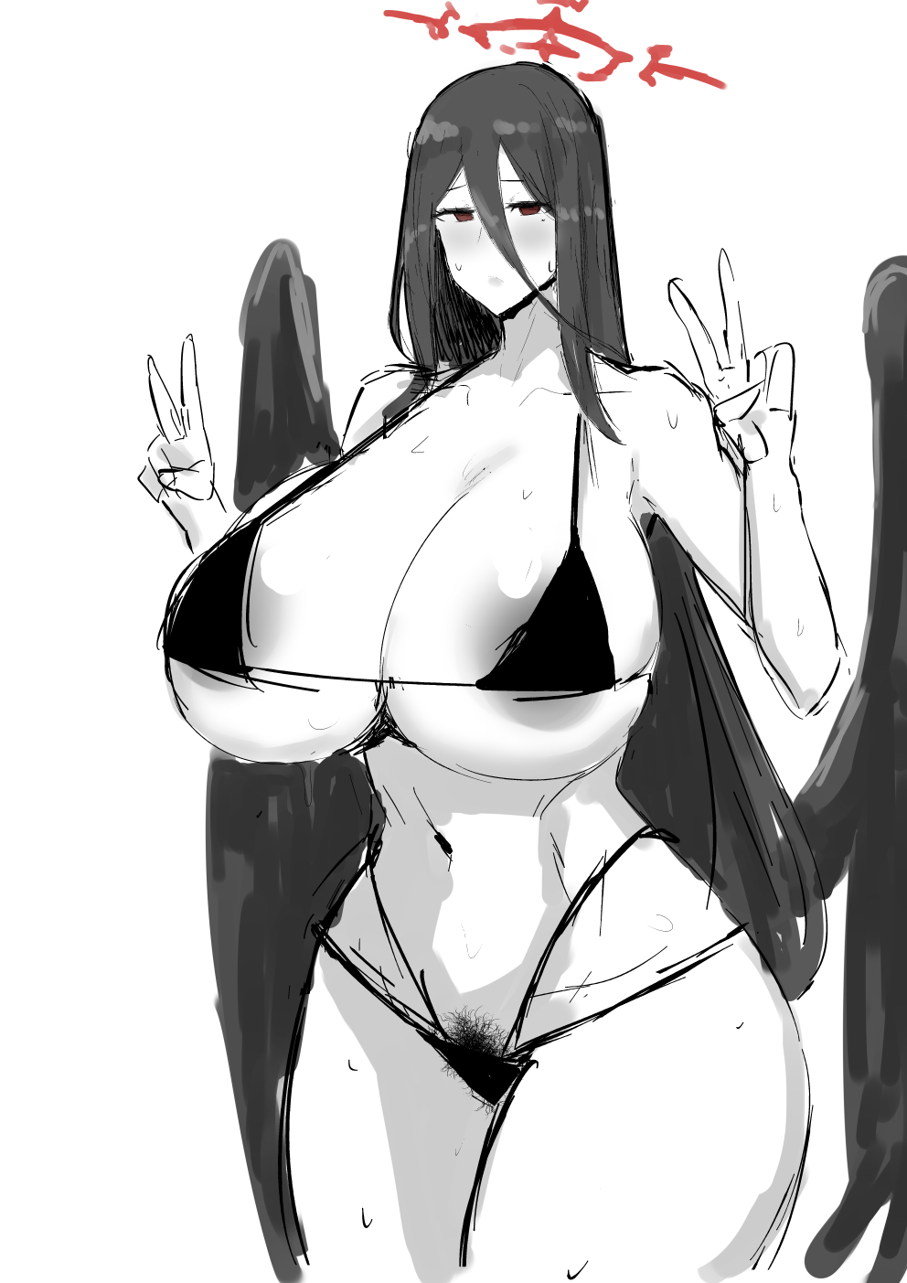 1girls, 2021, areola slip, bare shoulders, belly, bikini, bikini bottom, bikini top, black bikini, black bikini bottom, black bikini top, blue archive, breasts, closed mouth, collarbone, covered nipples, covered pussy, double peace sign, double v, double v sign, eyes open, female, female focus, female only, female pubic hair, fujou joshi, hasumi (blue archive), justice task force (blue archive), looking at viewer, monochrome, mouth closed, navel, open eyes, peace sign, pubic hair, pussy, simple background, solo, solo female, solo focus, trinity general school student, v, v sign, white background, wings