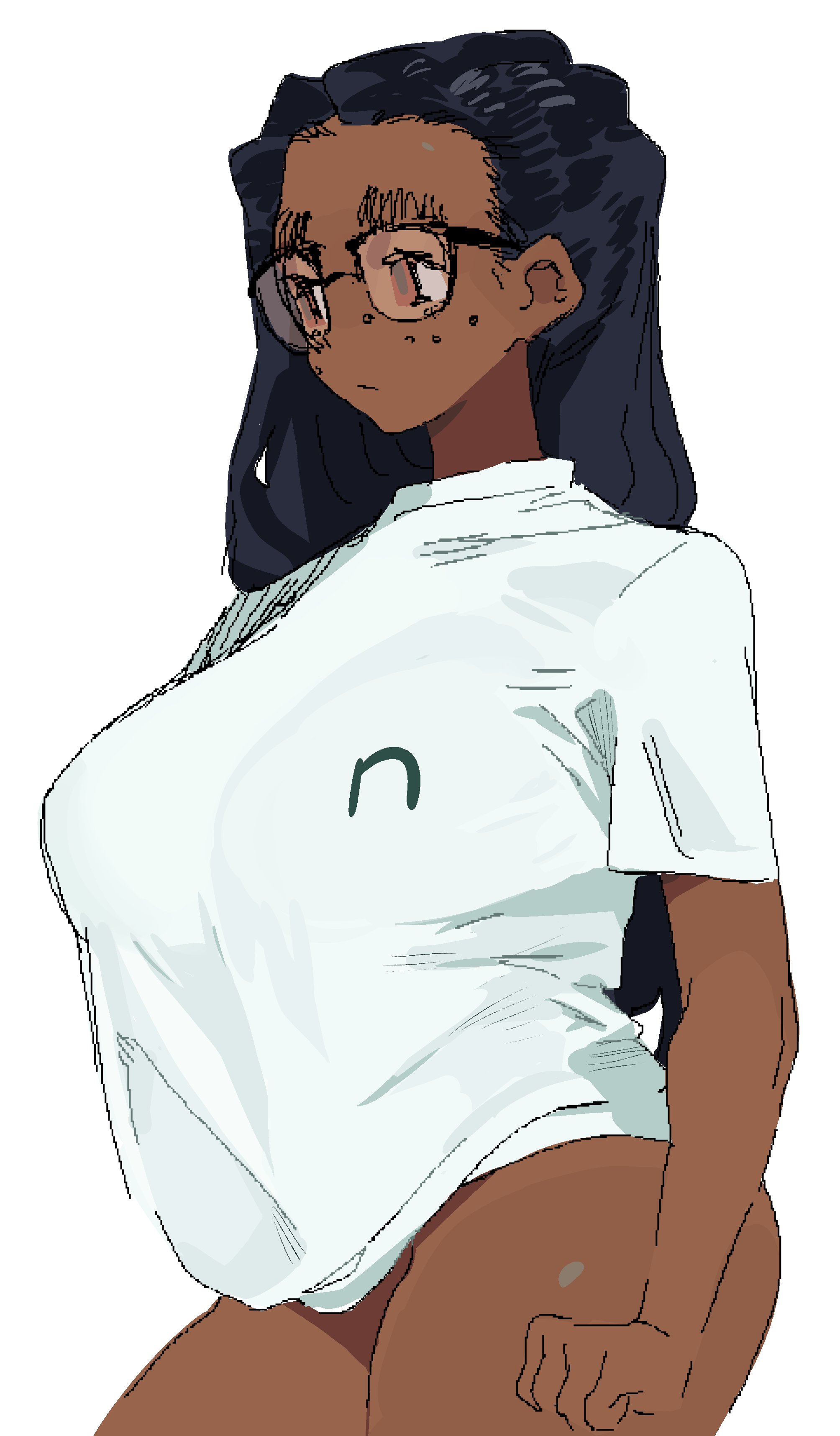 1girls, ass, bottomless, breasts, clothed, clothing, dark skin, dark-skinned female, female, female only, gigi (whoopsatro), human, partially clothed, shirt, solo, standing, whoopsatro