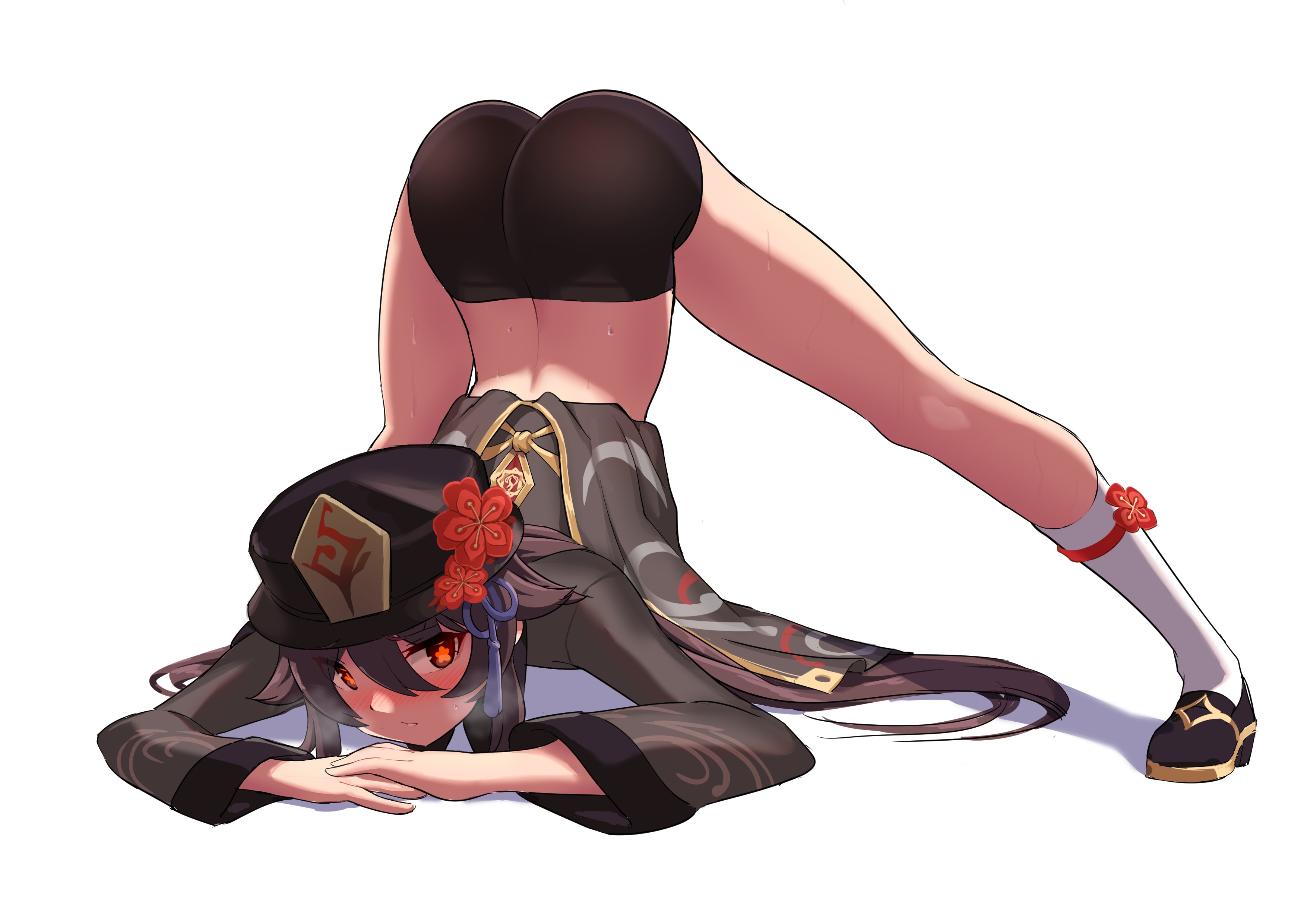 1girls, 2020s, 2021, all fours, ass, ass up, bent over, black bottomwear, black headwear, blush, brown hair, butt crack outline, clothing, compression shorts, female, female only, flexible, front view, genshin impact, hat, hi res, hu tao (genshin impact), human, jack-o pose, manga, meme, multicolored topwear, pose, red eyes, shiny skin, short shorts, shorts, simple background, solo, solo female, split, spread legs, star-shaped pupils, sweat, sweaty legs, tomboy, top-down bottom-up, twintails, two-tone footwear, two-tone socks, white background