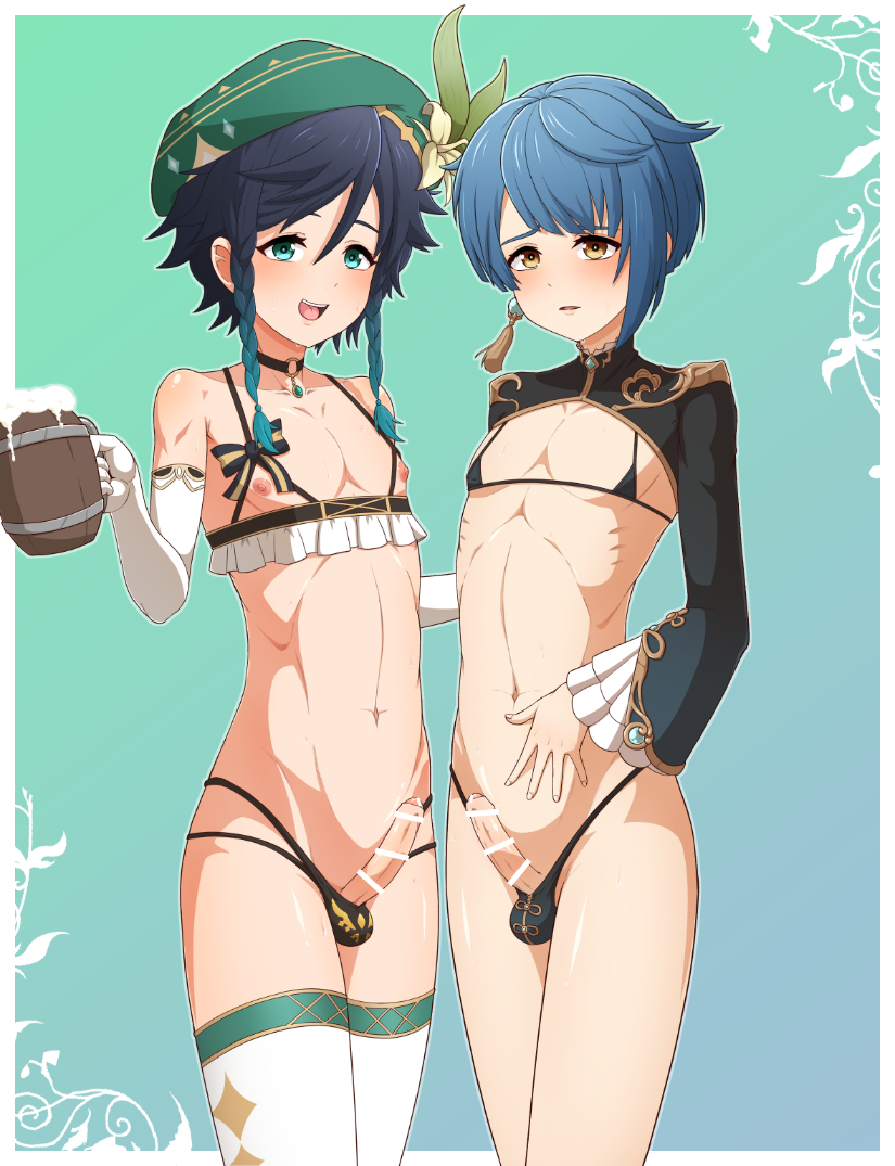 2boys aqua_eyes balls balls_in_panties blue_hair blush censor_bar censored choker eye_contact femboy flower_in_hair genshin_impact hat looking_at_viewer male male_only micro_bikini nipples partially_clothed penis saburoku9 short_hair standing testicles thighhighs thighs thong trap twin_braids two_tone_hair venti_(genshin_impact) xingqiu_(genshin_impact) yellow_eyes