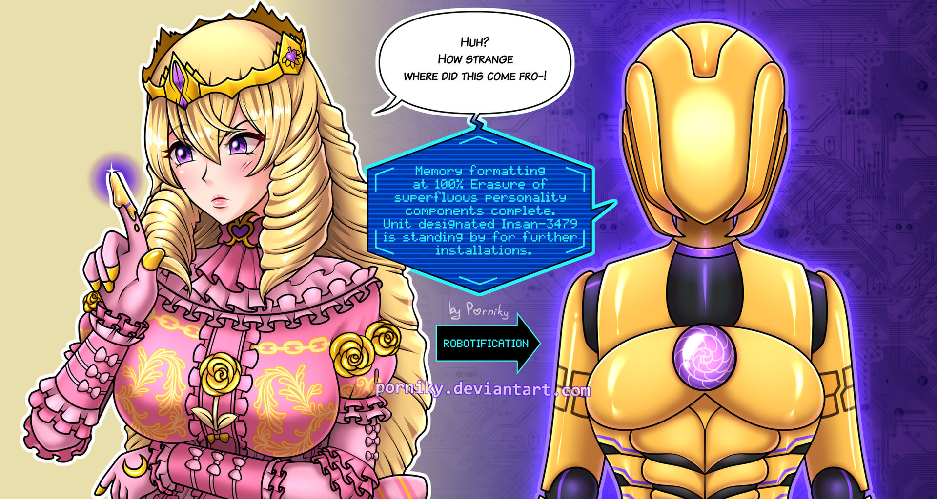 armour, brainwashed, brainwashing, corruption, crown, female, hypnosis, mind control, porniky, princess, reprogramming, robot, robot girl, robotization, royalty, teenage female, teenager, transformation, transformation sequence