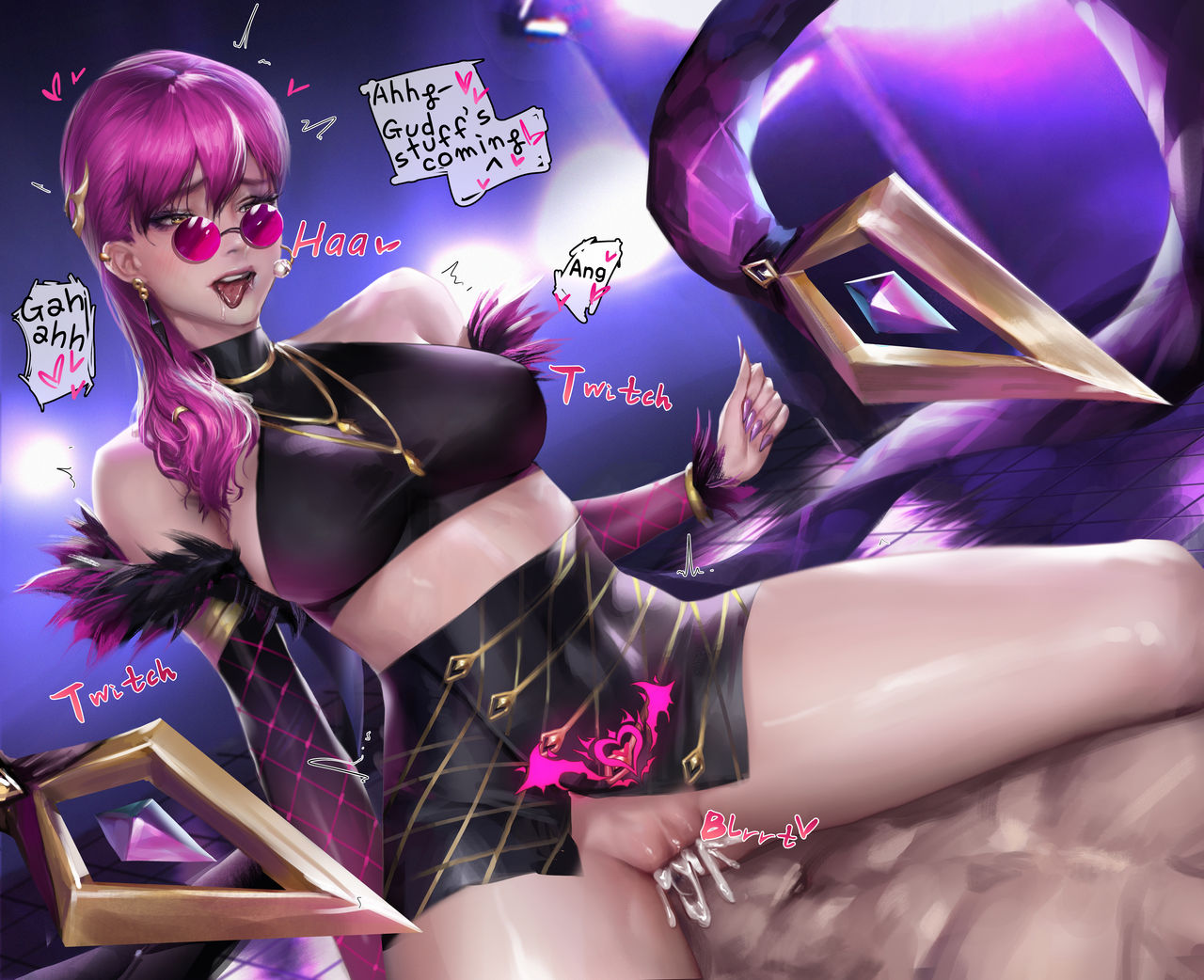 1girls, bare shoulders, blush, breasts, cowgirl position, cum, cum in pussy, cum inside, drooling, earrings, ejaculation, evelynn, eyeshadow, eyewear, female, female focus, fur, hair between eyes, headset, heart, jewelry, k/da evelynn, k/da series, league of legends, long hair, looking over eyewear, looking over glasses, looking over sunglasses, looking pleasured, makeup, male, milkychu, nail polish, nails, necklace, penetration, penis, pink-tinted eyewear, pubic tattoo, purple hair, purple-tinted eyewear, pussy, saliva, saliva trail, sitting, sitting on person, skirt, sound effects, speech bubble, sunglasses, sweat, sweatdrop, tagme, thick thighs, thighs, tinted eyewear, tongue, tongue out, vaginal penetration, yellow eyes
