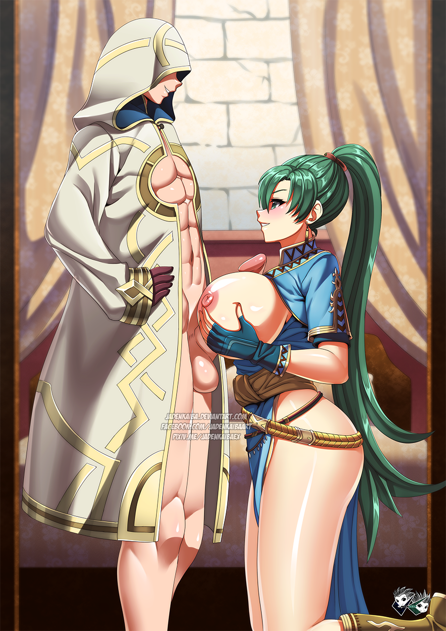 1boy, 1girls, alternate breast size, ass, bare legs, bedroom, big ass, big breasts, breasts, breasts out, earrings, female, fingerless gloves, fire emblem, fire emblem heroes, fire emblem: the blazing blade, gloves, green eyes, green hair, happy, happy paizuri, happy sex, huge breasts, jadenkaiba, kiran (fire emblem), kiran (fire emblem) (male), kneeling, large breasts, long hair, lyn (fire emblem), lyndis (fire emblem), male, nintendo, nipples, paizuri, pelvic curtain, ponytail, smile, straight, thick thighs, very long hair