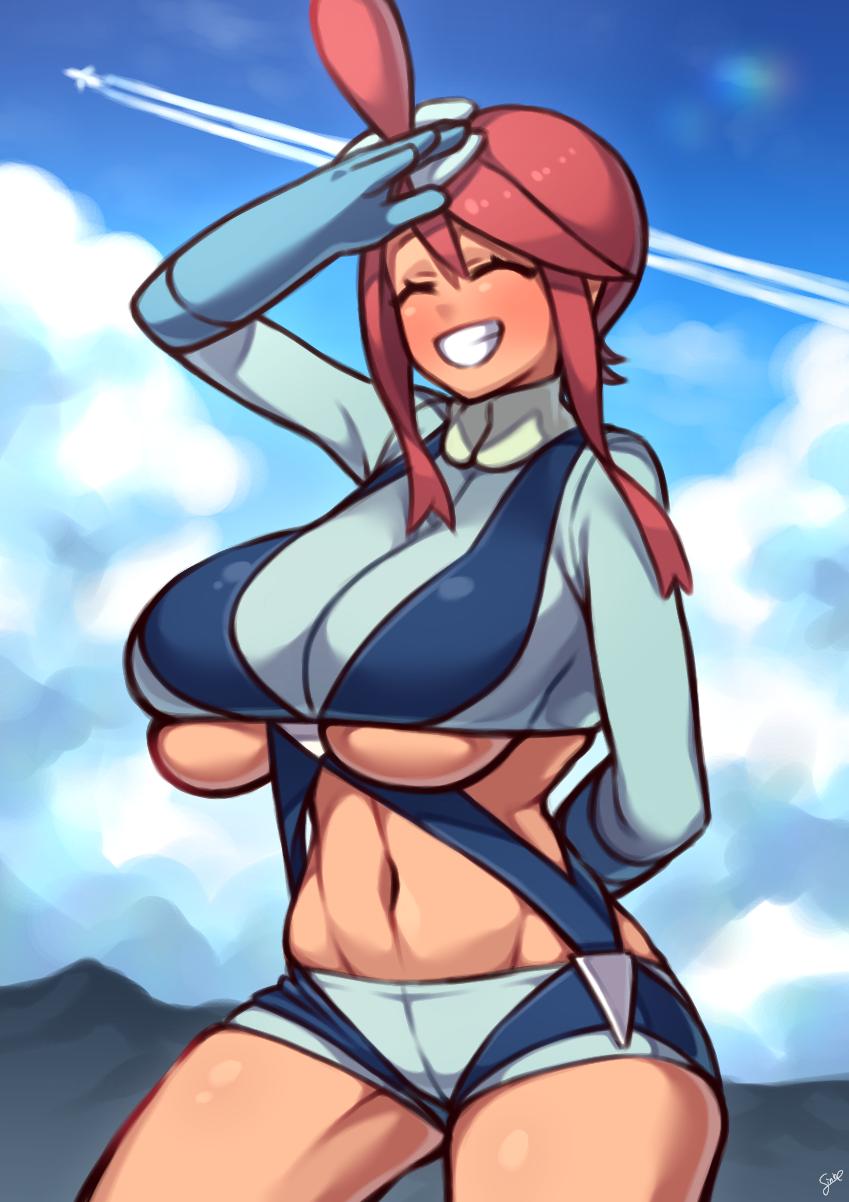 1girls, alternate breast size, blush, breasts, cleavage, coffeelove68, crop top, female, female only, huge breasts, outdoors, pokemon, pokemon bw, shorts, skyla (pokemon), solo, underboob