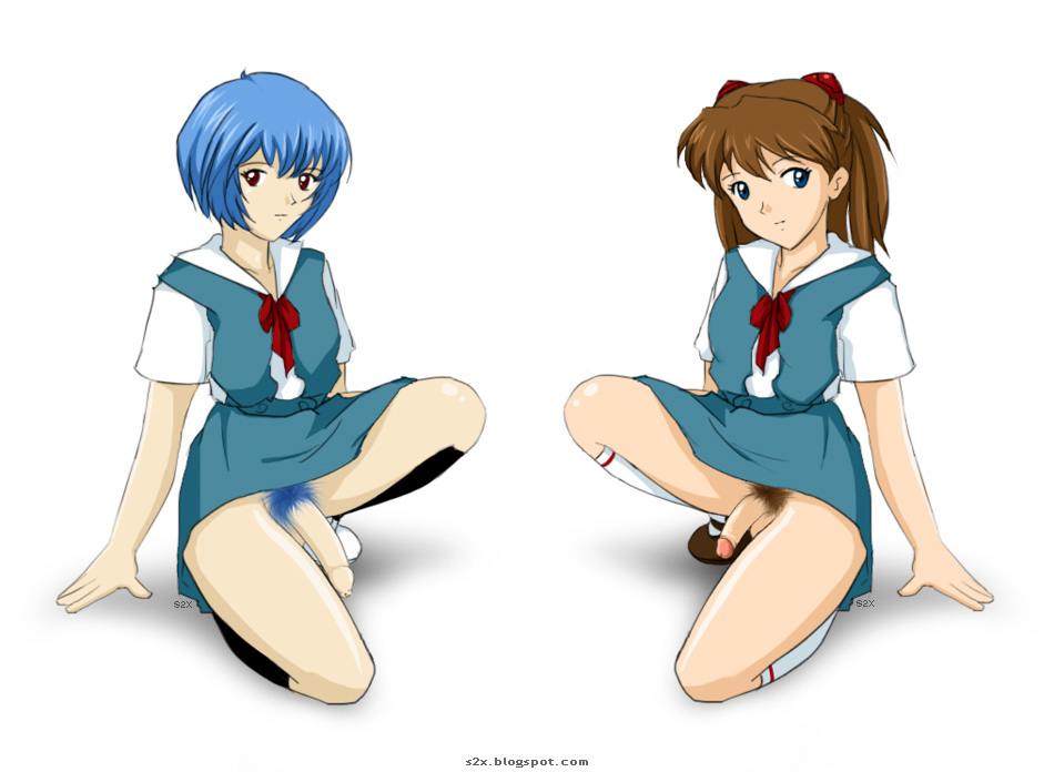 2futas, asuka langley sohryu, balls, blue hair, clothed, clothing, duo, female, flaccid, flaccid penis, foreskin, futa only, futanari, human, intersex, large penis, light skin, light-skinned futa, mostly clothed, neon genesis evangelion, no panties, pale skin, penis, penis size difference, pubic hair, rei ayanami, s2x, school uniform, schoolgirl, short hair, skirt, squatting, uncircumcised, uncut, unretracted foreskin, white shirt