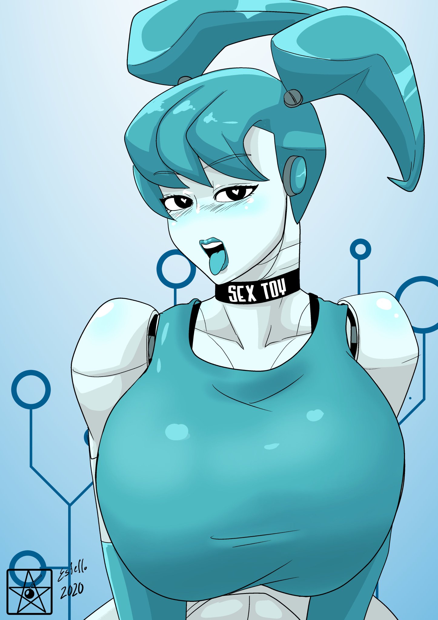 big breasts, blue hair, breasts, choker, estella comics, female, female only, heart-shaped pupils, huge breasts, jenny wakeman, looking at viewer, machine, mannyestella, metal girl, metal skin, mrestella, my life as a teenage robot, robot, robot girl, smooth skin, squeezing breast, tongue, tongue out, white skin, xj-9