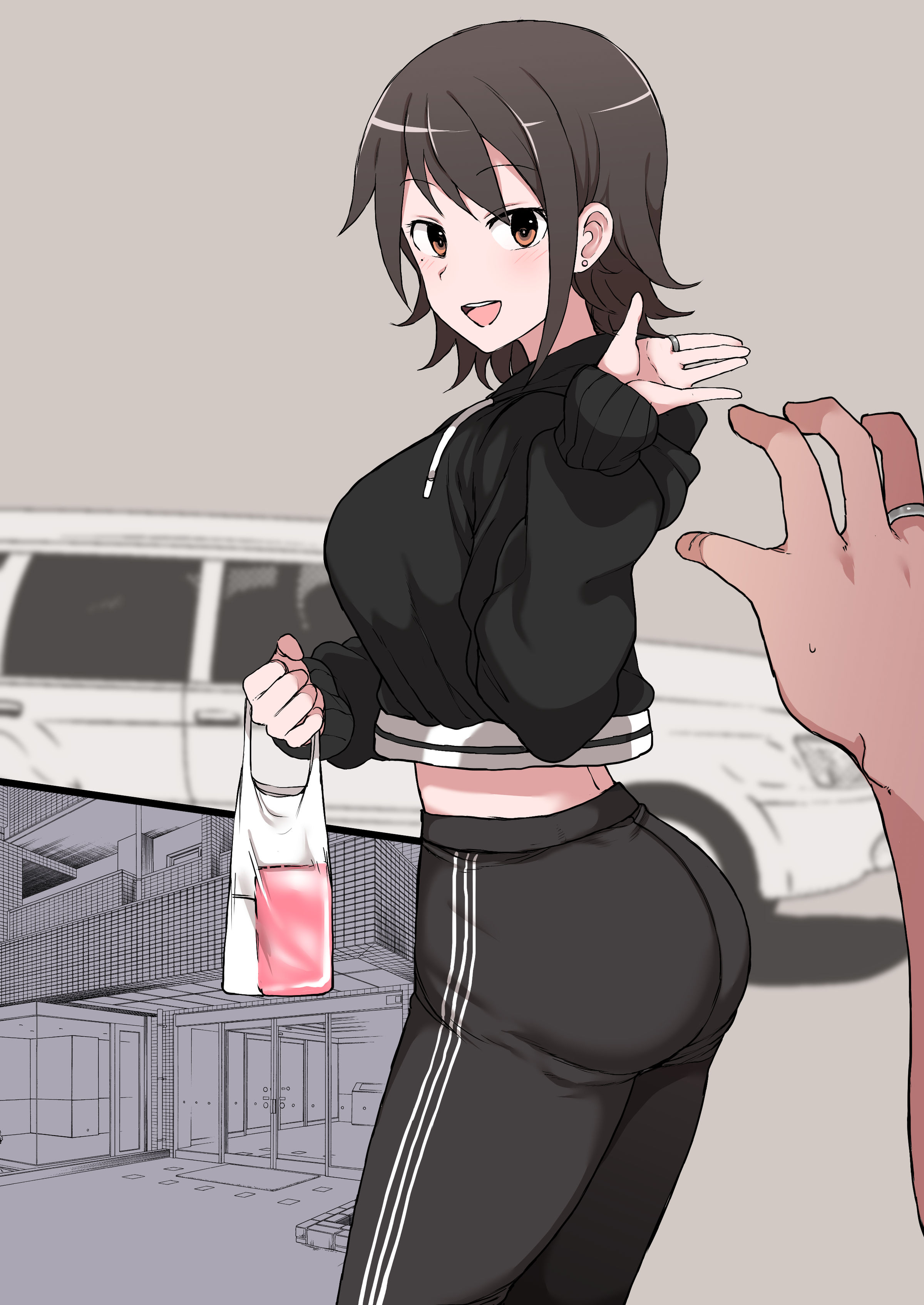 1boy, 1girls, absurdres, ass, bag, black hair, blurry background, blush, breasts, brown eyes, cheating, condom box, cuckold, dark skin, dark-skinned male, doujinshi, female, gym clothes, high resolution, highres, looking at viewer, looking back, male, mole, mole under eye, netorare, ntr, original, ring, terasu mc, textless, uniform
