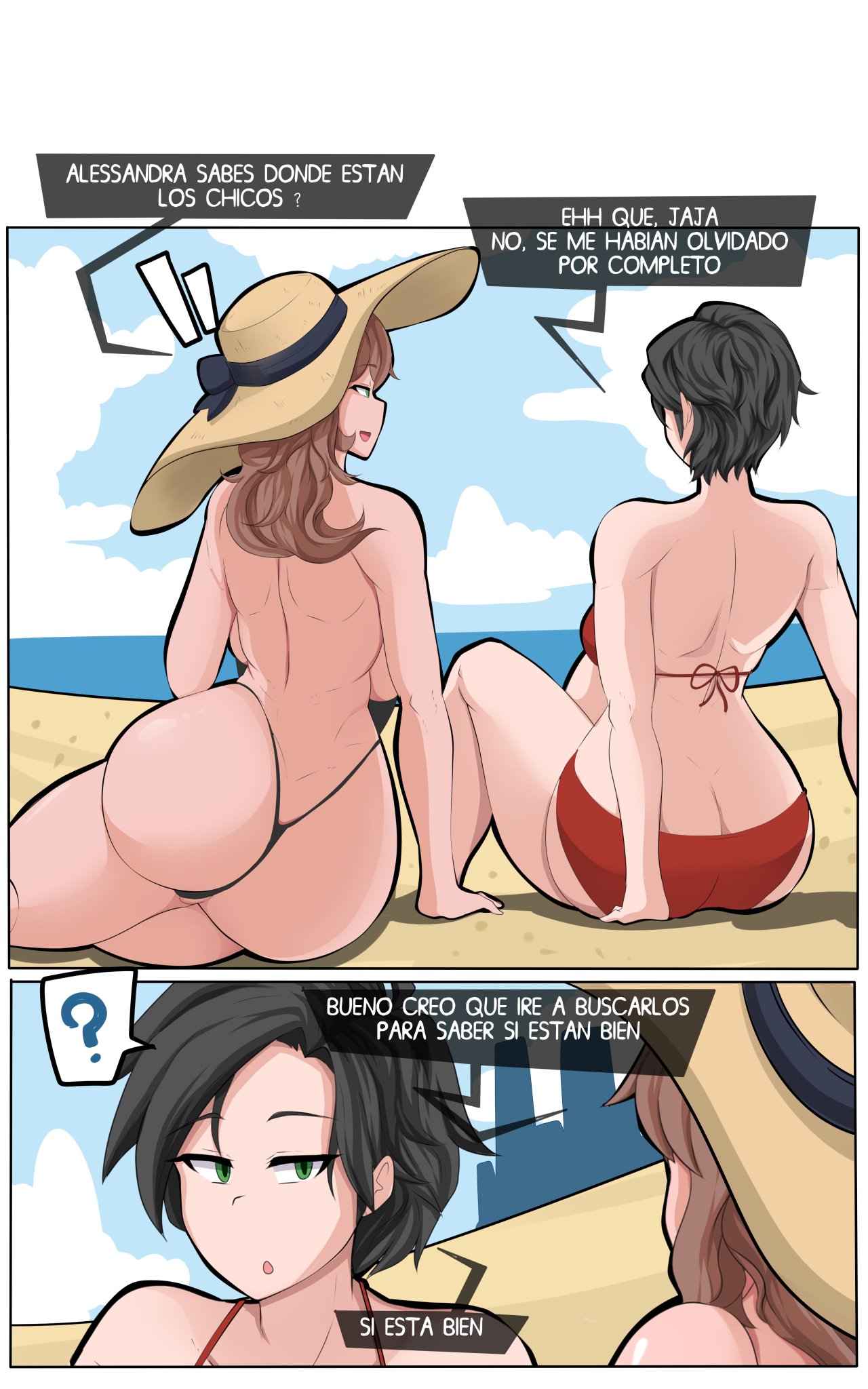 2girls, alessandra (comicomryu), ass, ass focus, ass view, back view, beach, big ass, big breasts, big butt, bikini, black hair, breasts, brown hair, bubble ass, bubble butt, comic, comic page, comicomryu, delicia (comicomryu), dialogue, female, female only, green eyes, ice cream, long hair, milf, multiple females, multiple girls, original character, ryumxr, short hair, spanish text, text, text bubble