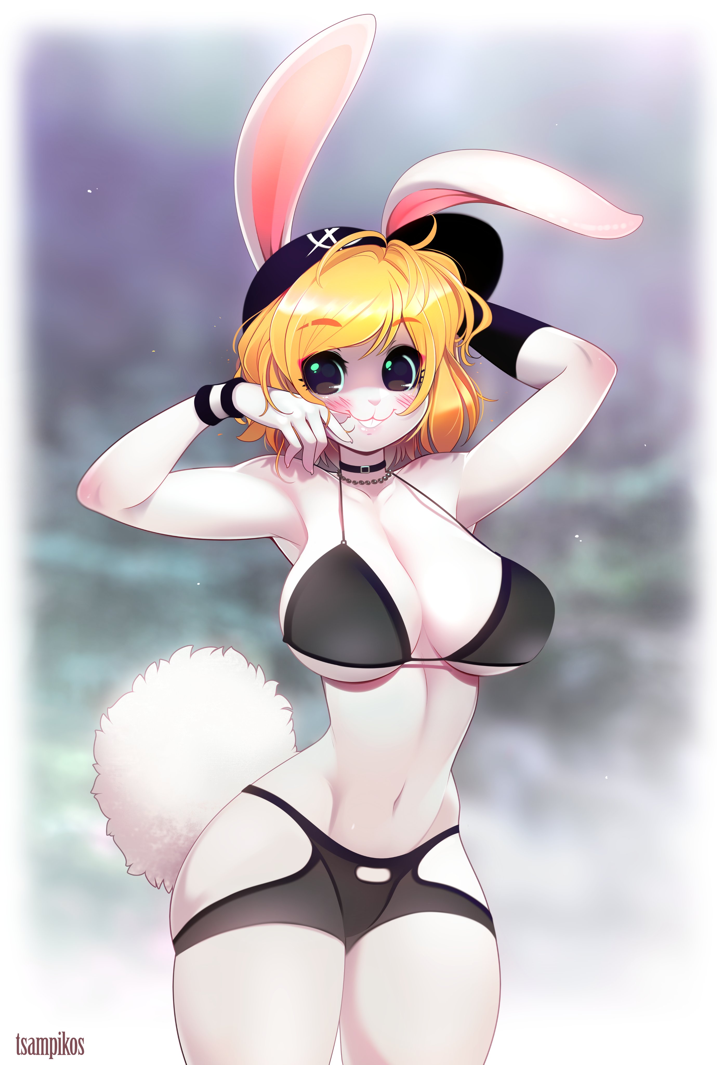 :3, 1girls, absurd res, anthro, blonde hair, blush, bunny ears, bunny tail, cap, carrot (one piece), female, female only, lagomorph, lagomorph humanoid, looking at viewer, medium hair, one piece, smiling, smiling at viewer, solo, solo female, sports bra, sportswear, thick thighs, thigh squish, tsampikos, upper teeth, white body, wide eyed, wristband