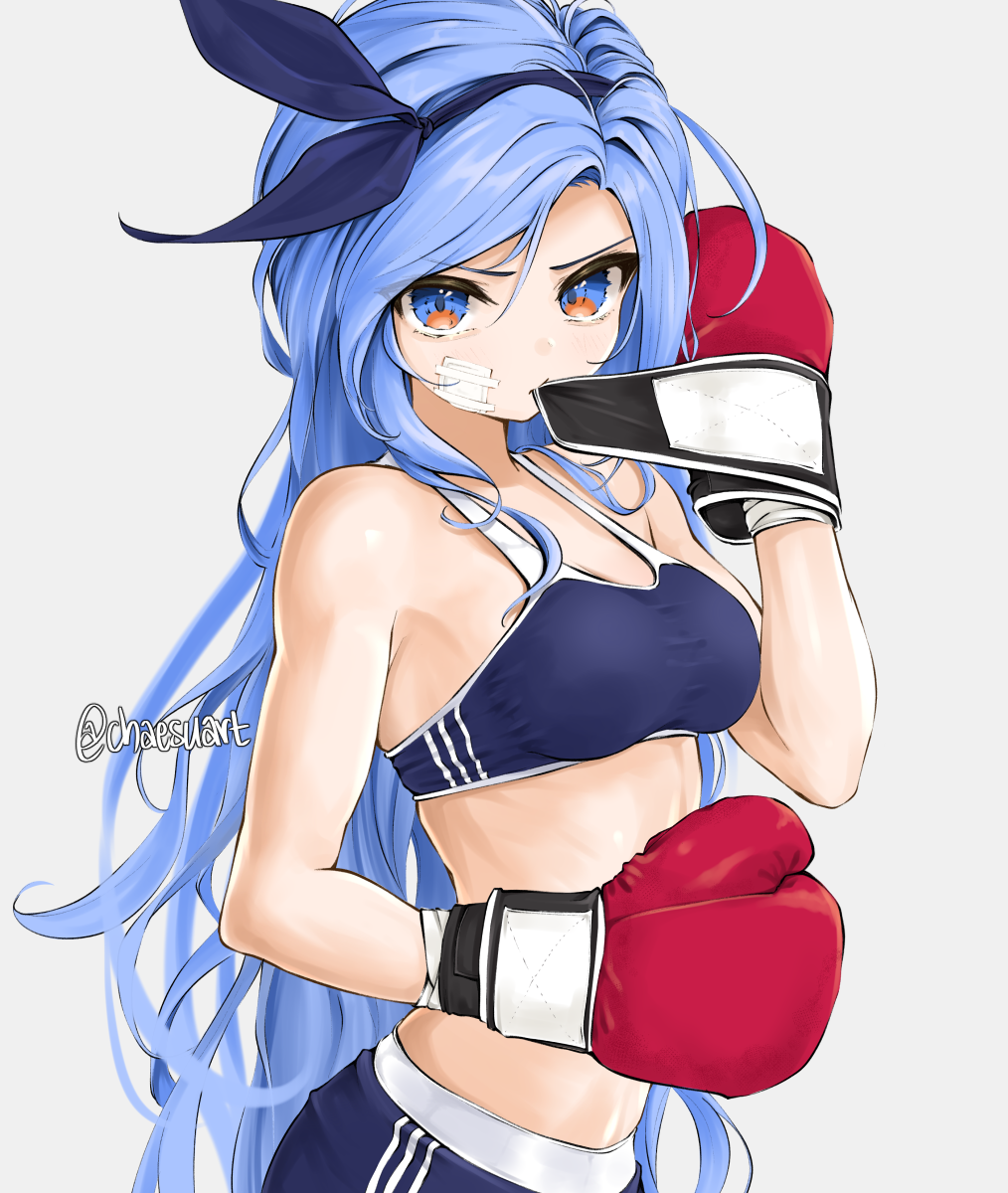 1girls bandage bare_arms bare_midriff bare_shoulders blue_eyes blue_hair boxer_girl boxing_gloves chaesu combat_sports fierce gym_clothes hair_ribbon long_hair minah original_character pale_skin sports_bra workout_clothes