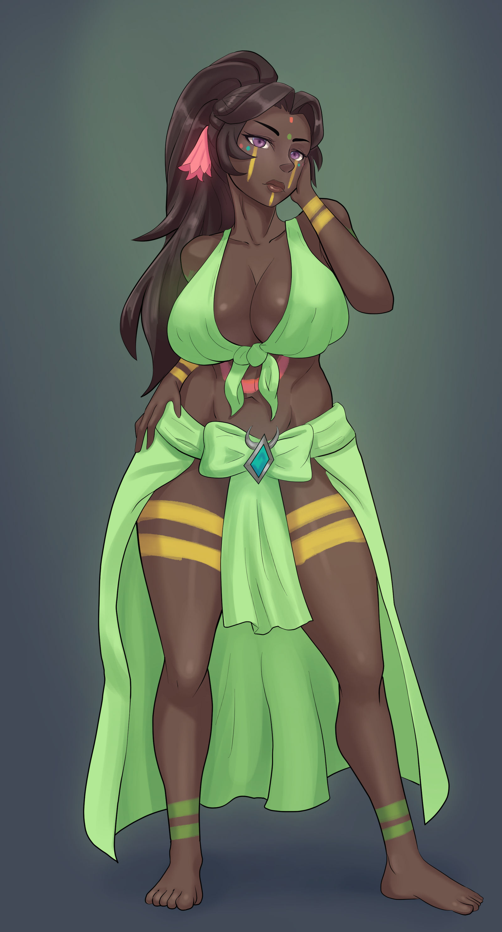 abs, belly dancer, belly dancer outfit, breasts, brown hair, cleavage, dancer, dancer outfit, dark skin, dark-skinned female, facepaint, female, female only, fit, fit female, harem girl, harem outfit, horizonah221, huge breasts, loincloth, long hair, looking at viewer, original, original character, pelvic curtain, purple eyes, thick thighs, voluptuous, wide hips