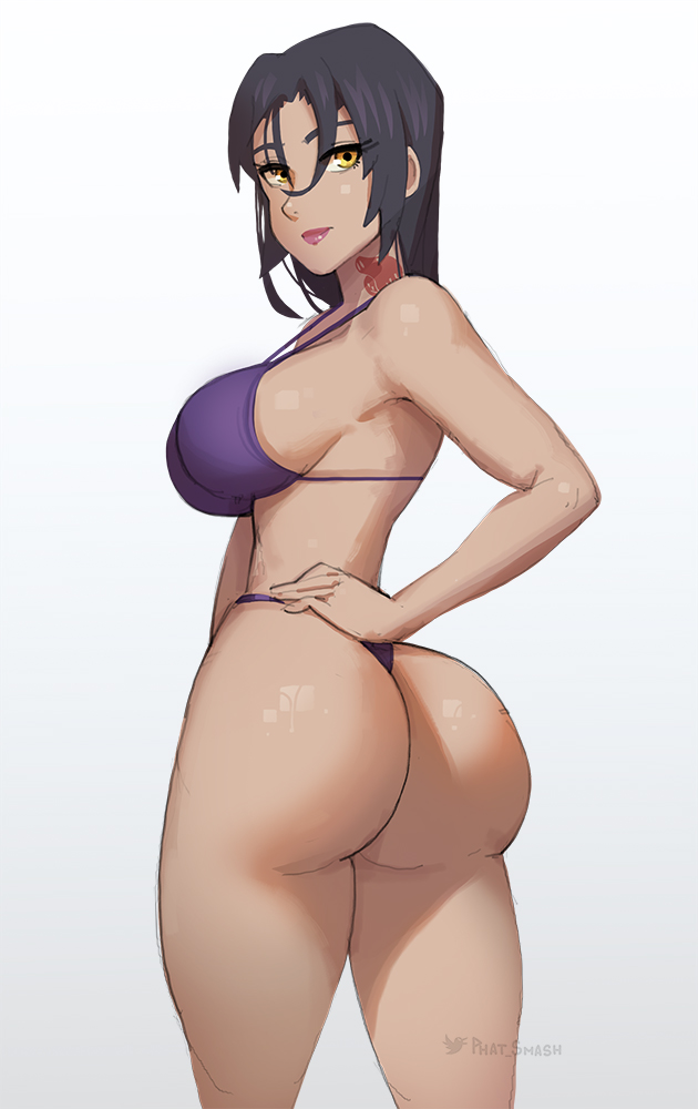1girls, 2021, artist signature, ass, ass cheeks, ass focus, ass shot, back, back view, bikini, black hair, breasts, bubble ass, bubble butt, female, female focus, female only, hand on hip, huge ass, huge breasts, long hair, merlin (nanatsu no taizai), nanatsu no taizai, neck tattoo, phat smash, purple bikini, reaching back, sideboob, simple background, swimsuit, tattoo, the seven deadly sins, thick thighs, thighs, thong, thong bikini, white background, yellow eyes
