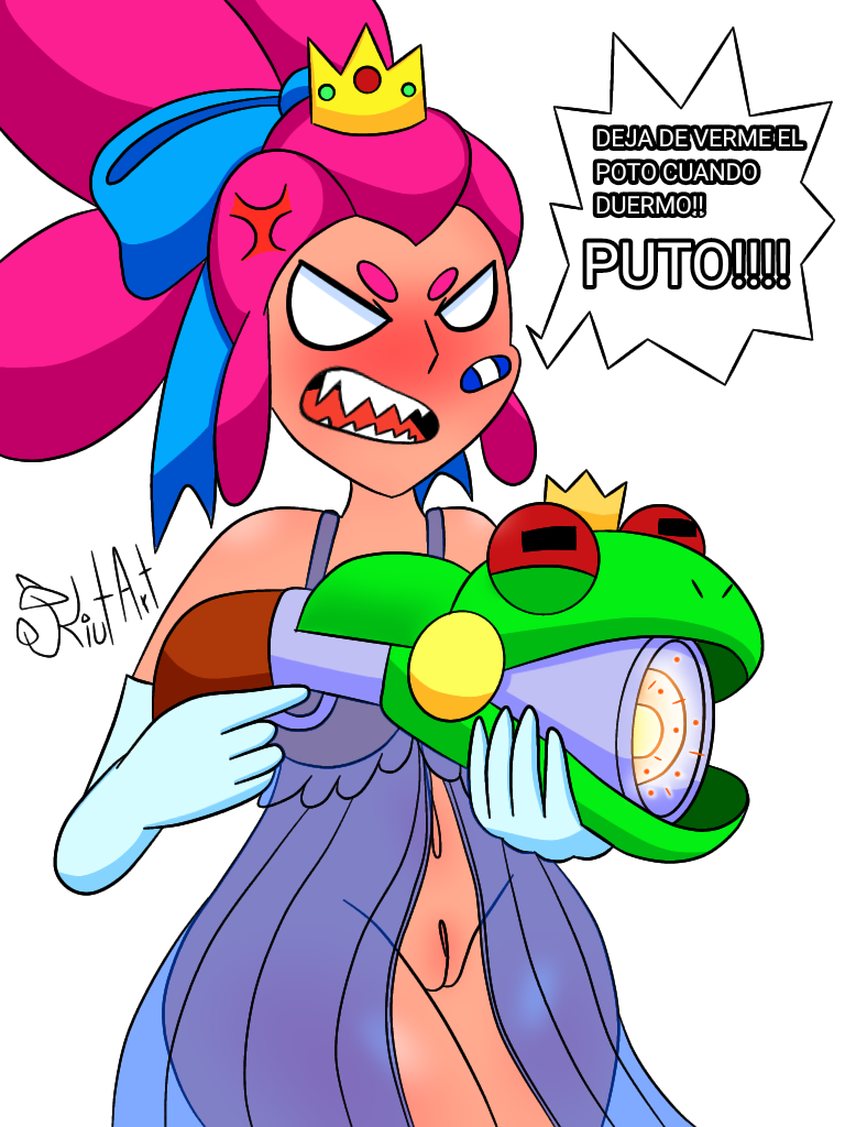 angry brawl_stars female female_only kiut_artbs kiut_arts pink_hair pussy shelly_(brawl_stars) spanish_text speech_bubble