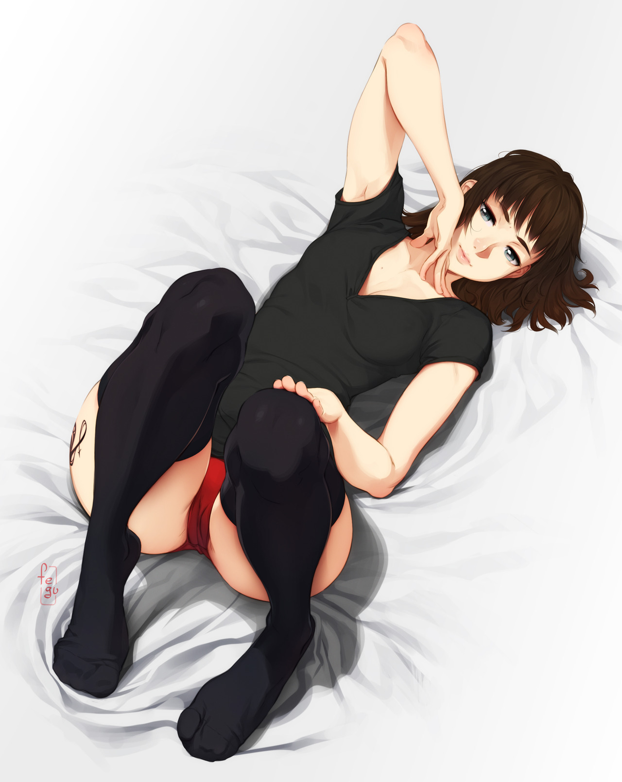 armpit peek, black legwear, black shirt, black thighhighs, blue eyes, breasts, brown hair, cameltoe, clavicle, cleavage, feet, feguimel, female, female only, high resolution, knees up, legs, long hair, lying, medium breasts, miranda (feguimel), mole, no bra, on back, one arm up, original, pantsu, pussy, shirt, short hair, short sleeves, slender waist, stockings, t-shirt, tagme, tattoo, teasing, thick thighs, thighhighs, thighs, toes, underwear, v-neck, wide hips