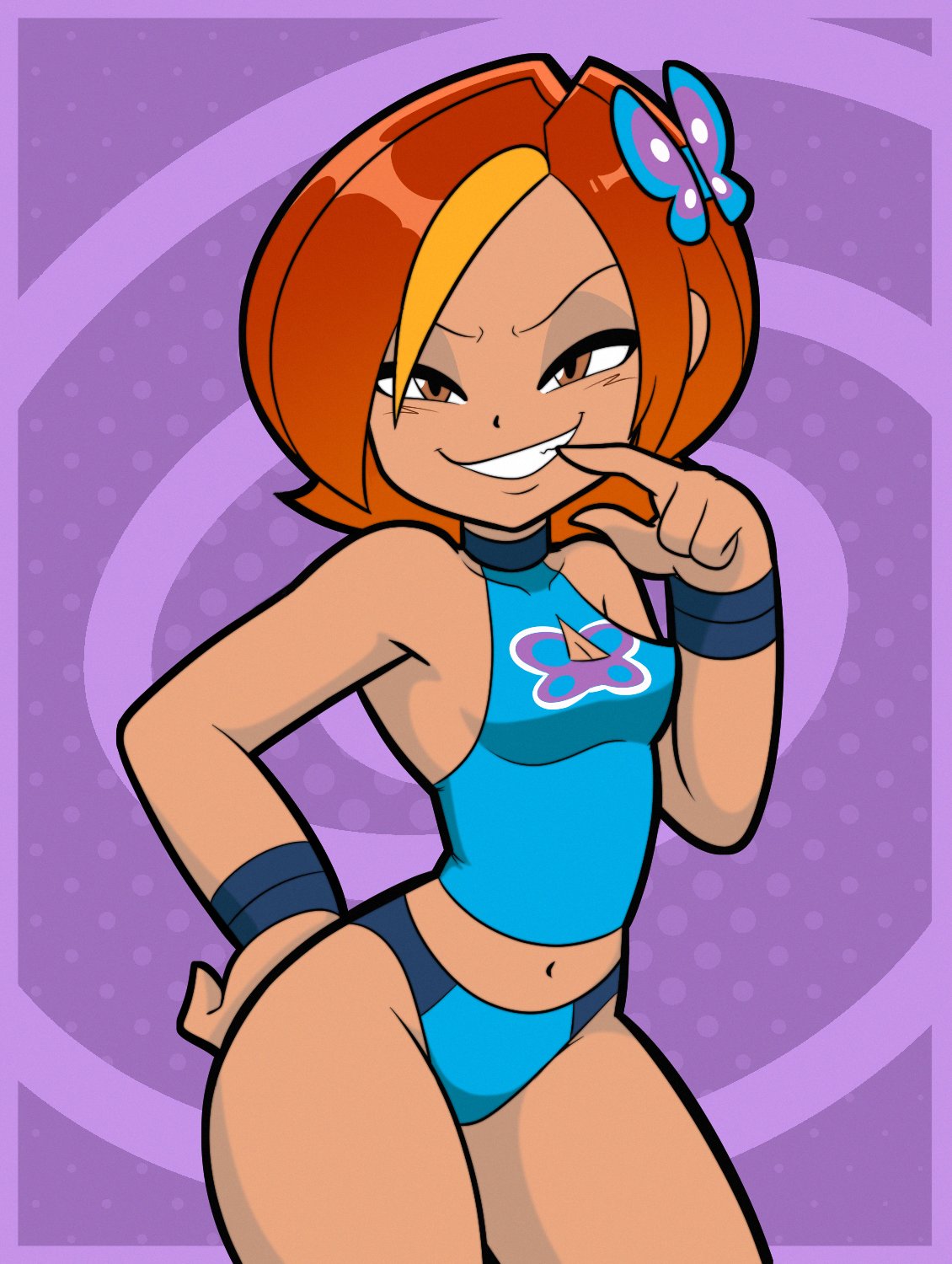 1girls avidagrem2 bare_shoulders butterfly_(planetronika) cleavage cleavage_cutout clothed clothed_female clothing crop_top female female_only hair_ornament hairclip halterneck human looking_at_viewer navel nonsexual orange_hair pale_skin planetronika smile smiling_at_viewer solo thighs