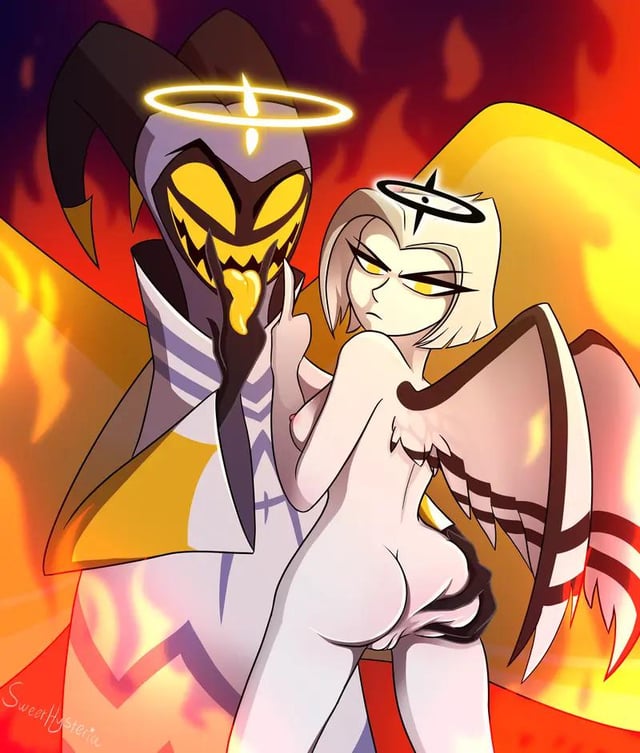 adam (hazbin hotel), clothed male nude female, cmnf, female, guitarspear, hazbin hotel, lute (hazbin hotel), male, naked female, this ass is mine