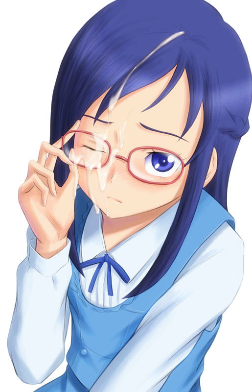 1girls adjusting_eyewear blue_eyes blue_hair blue_ribbon blue_vest bonnie_(rsg) braid closed_mouth clothing collared_shirt cum cum_on_eyewear cum_on_glasses cum_on_hair dokidoki!_precure dress_shirt facial female frown glasses hishikawa_rikka long_hair long_sleeves neck_ribbon precure pretty_cure red-framed_eyewear ribbon shiny shiny_hair shirt simple_background solo upper_body vest white_background white_shirt wing_collar