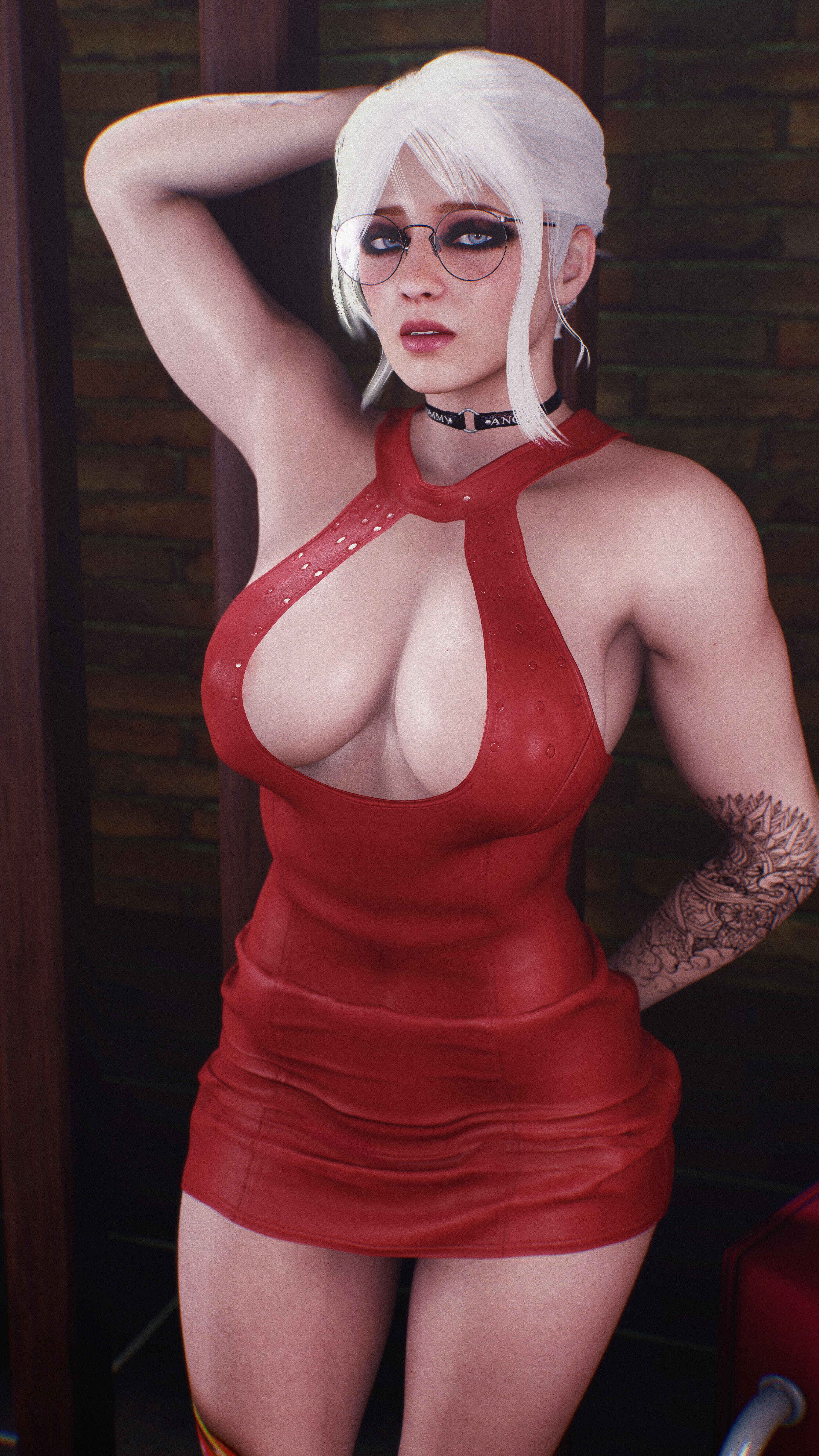 3d, big breasts, blue eyes, boob window, breasts, brittany angel, choker, dress, female, freckles, glasses, large breasts, lipstick, looking at viewer, nipple bulge, nopixel, red dress, tattoos, text on choker, thighs, virt-a-mate, virtamate, white hair