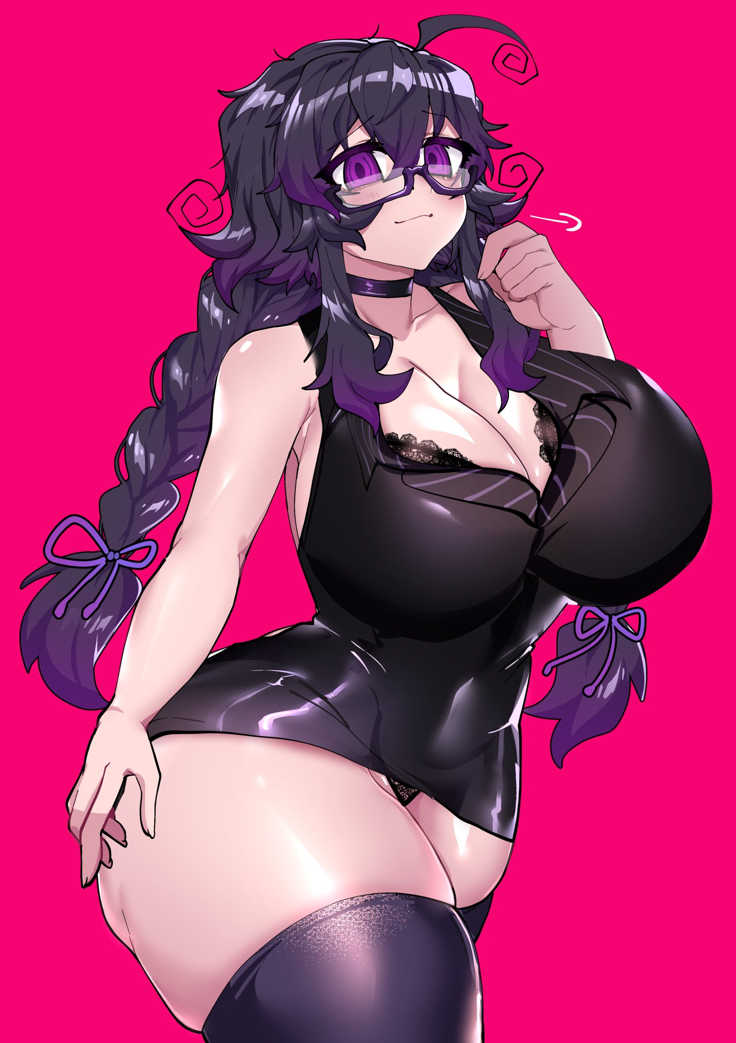 big breasts, braided hair, breasts, choker, cleavage, crawling dreams, curvy, dark hair, female, glasses, huge breasts, light skin, light-skinned female, looking at viewer, mature female, nyarla (crawling dreams), office lady, osiimi, pale skin, pale-skinned female, purple eyes, thick thighs, thighhighs, thunder thighs, wide hips